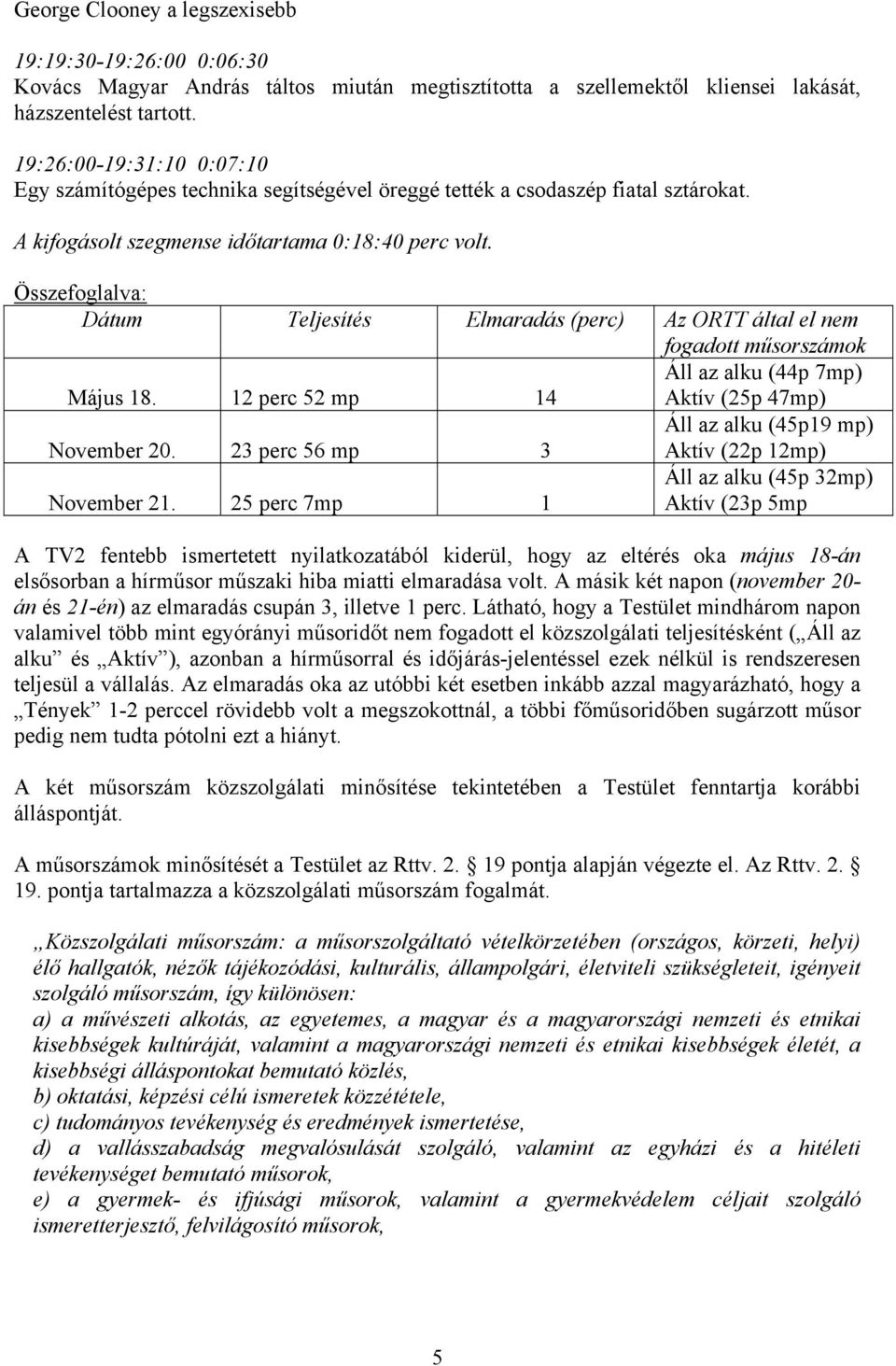 Összefoglalva: Dátum Teljesítés Elmaradás (perc) Az ORTT által el nem fogadott műsorszámok Május 18. 12 perc 52 mp 14 Áll az alku (44p 7mp) Aktív (25p 47mp) November 20.