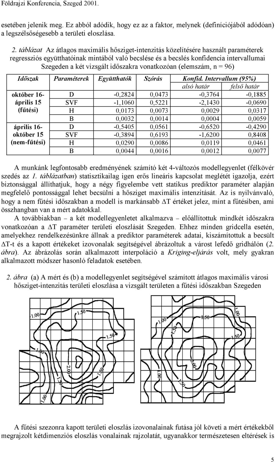 táblázat Az átlagos maximális hősziget-intenzitás közelítésére használt paraméterek regressziós együtthatóinak mintából való becslése és a becslés konfidencia intervallumai Szegeden a két vizsgált