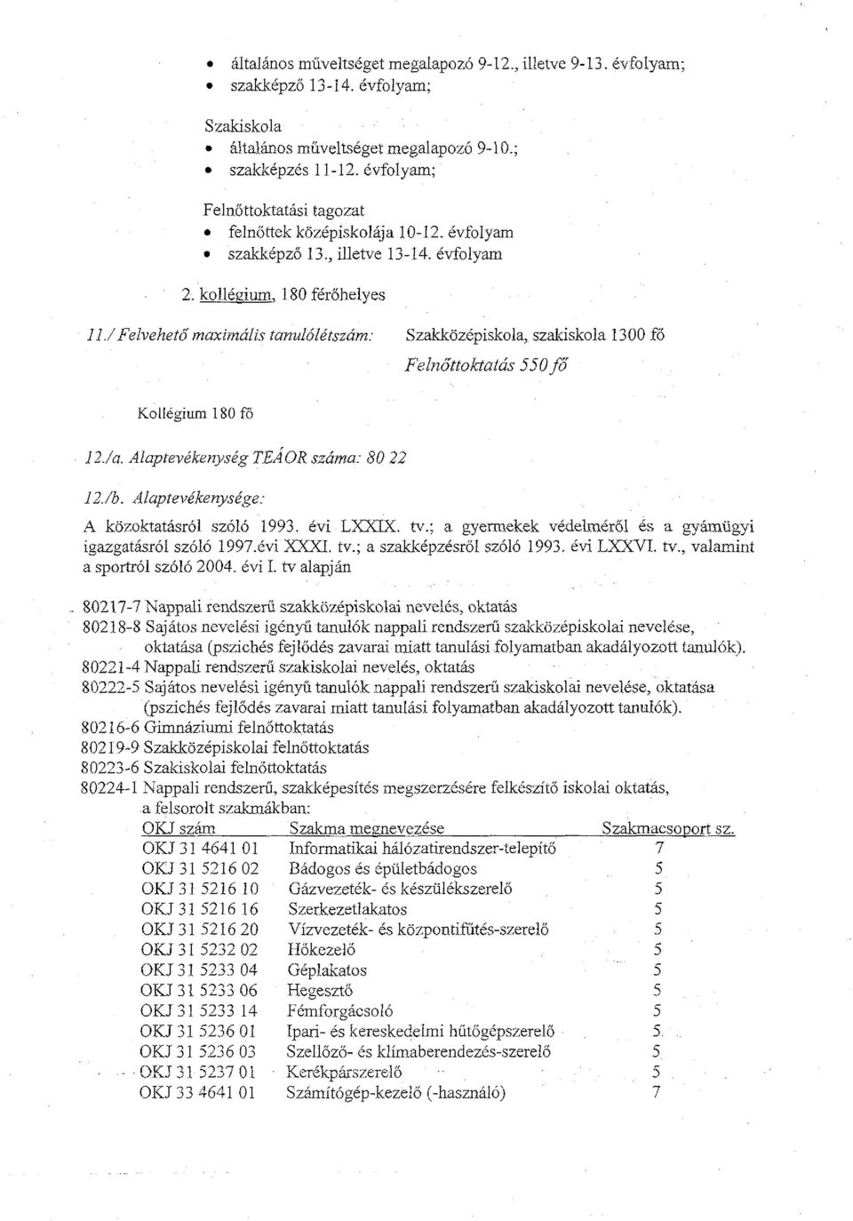 Szakkozipiskola, szakiskola 1300 fo Fe1no"toktatds 550 f6 Kollegium 180 f6 12./b. Aluptevikenysige: A kozoktatasr61 sz616 1993. evi LXXIX. tv.