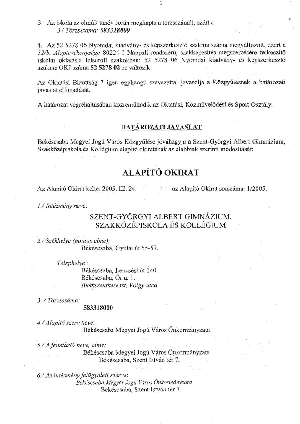 a felsorolt szakokban: 52 5278 06 Nyomdai kiadvhy- 6s k6pszerkeszto szakma OKJ szama 52 5278 02-re valtozik Az Oktatasi Bizottsag 7 igen egyhangu szavazattal javasolja a Kozgyiilisnek a hatjrozati
