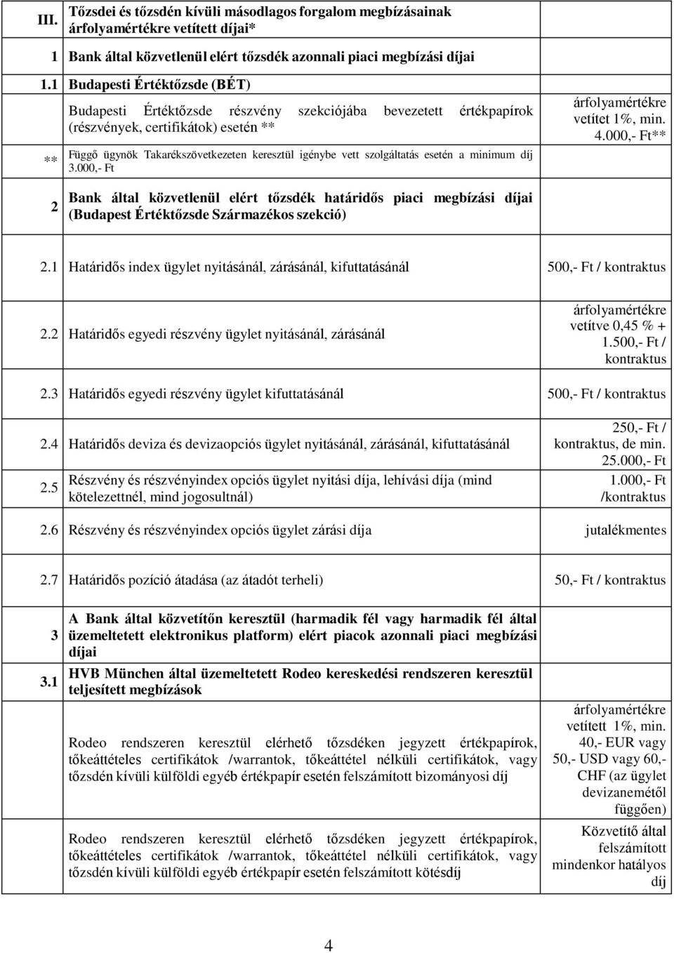 szolgáltatás esetén a minimum díj 3.000,- Ft árfolyamértékre vetítet 1%, min. 4.