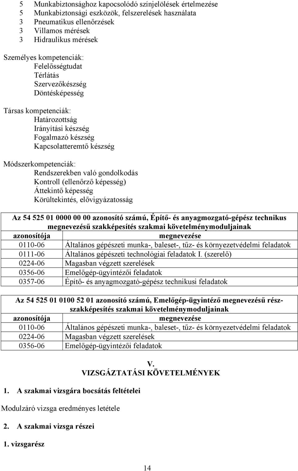 Rendszerekben való gondolkodás Kontroll (ellenőrző képesség) Áttekintő képesség Körültekintés, elővigyázatosság z 54 525 01 0000 00 00 azonosító számú, Építő- és anyagmozgató-gépész technikus