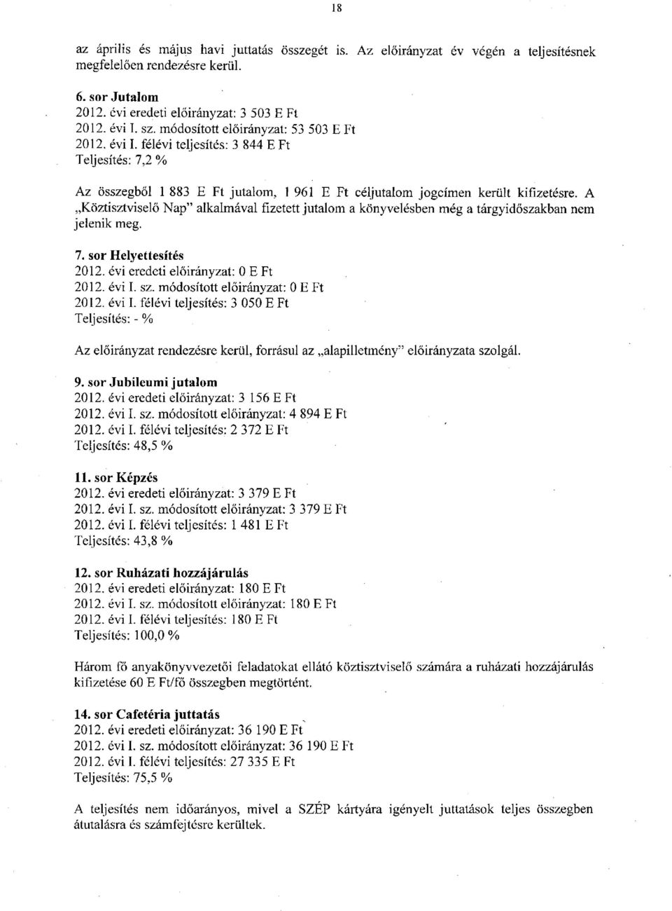 A Köztisztviselő Nap" alkalmával fizetett jutalom a könyvelésben még a tárgyidőszakban nem jelenik meg. 7. sor Helyettesítés 2012. évi eredeti előirányzat: 0 2012. évi I. sz.