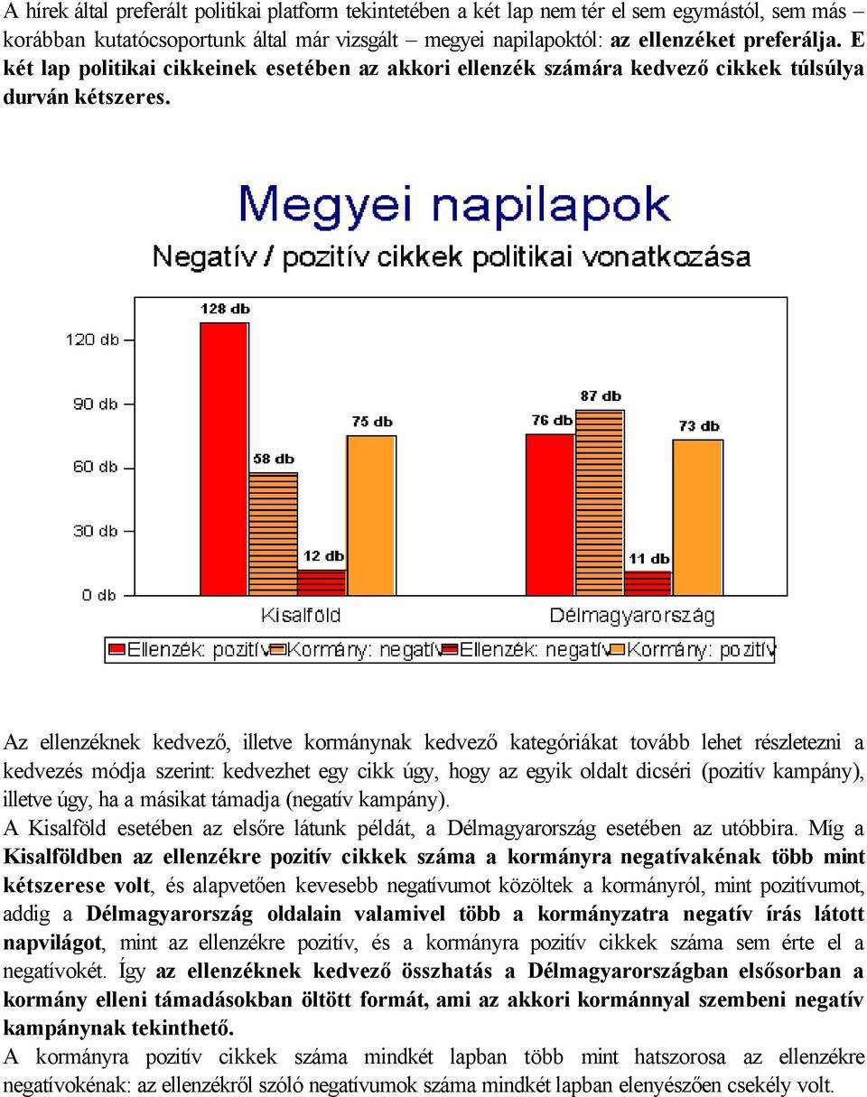 Az ellenzéknek kedvező, illetve kormánynak kedvező kategóriákat tovább lehet részletezni a kedvezés módja szerint: kedvezhet egy cikk úgy, hogy az egyik oldalt dicséri (pozitív kampány), illetve úgy,