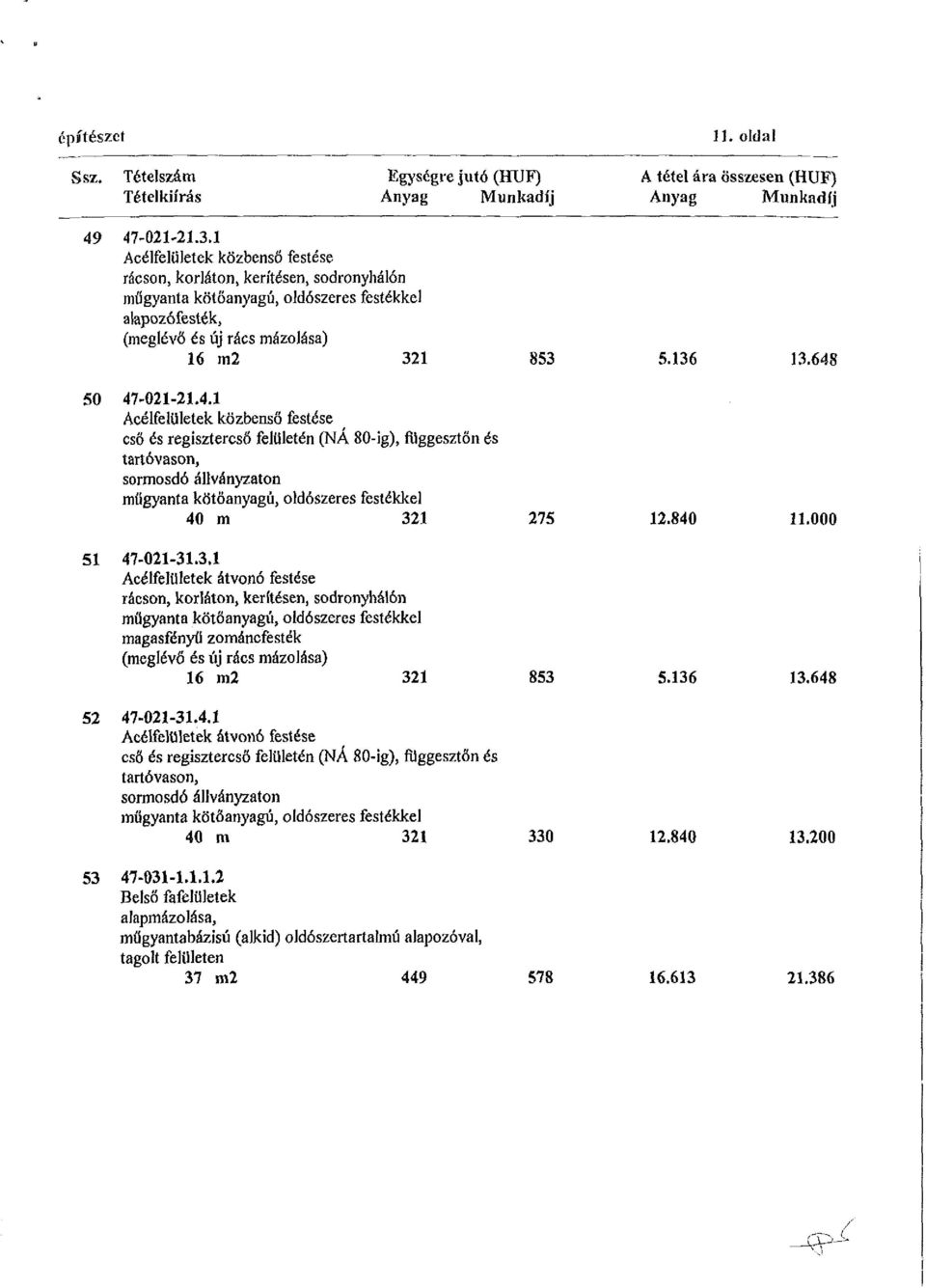 648 50 47-021-21.4.1 Acélfelületek közbenső festése cső és regisztercső felületén (NA 80-ig), függesztön és tartóvason, sormosdó állványzaton műgyanta kötőanyagú, oldószeres festékkel 40 m 321 275 12.