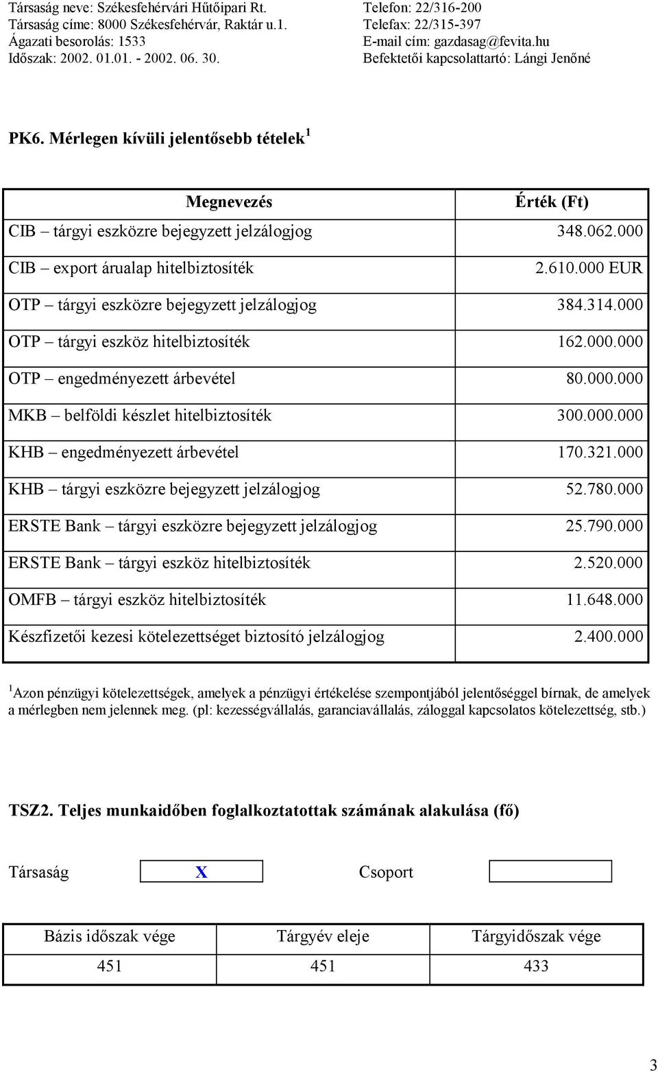 000 CIB export árualap hitelbiztosíték 2.610.000 EUR OTP tárgyi eszközre bejegyzett jelzálogjog 384.314.000 OTP tárgyi eszköz hitelbiztosíték 162.000.000 OTP engedményezett árbevétel 80.000.000 MKB belföldi készlet hitelbiztosíték 300.