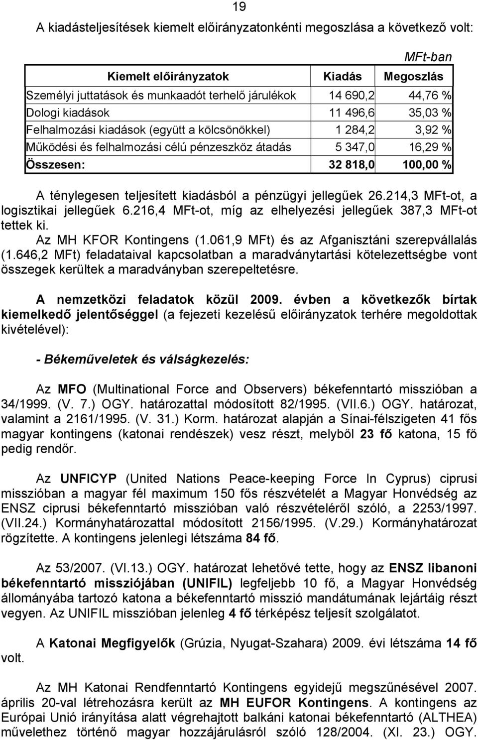 teljesített kiadásból a pénzügyi jellegűek 26.214,3 MFt-ot, a logisztikai jellegűek 6.216,4 MFt-ot, míg az elhelyezési jellegűek 387,3 MFt-ot tettek ki. Az MH KFOR Kontingens (1.