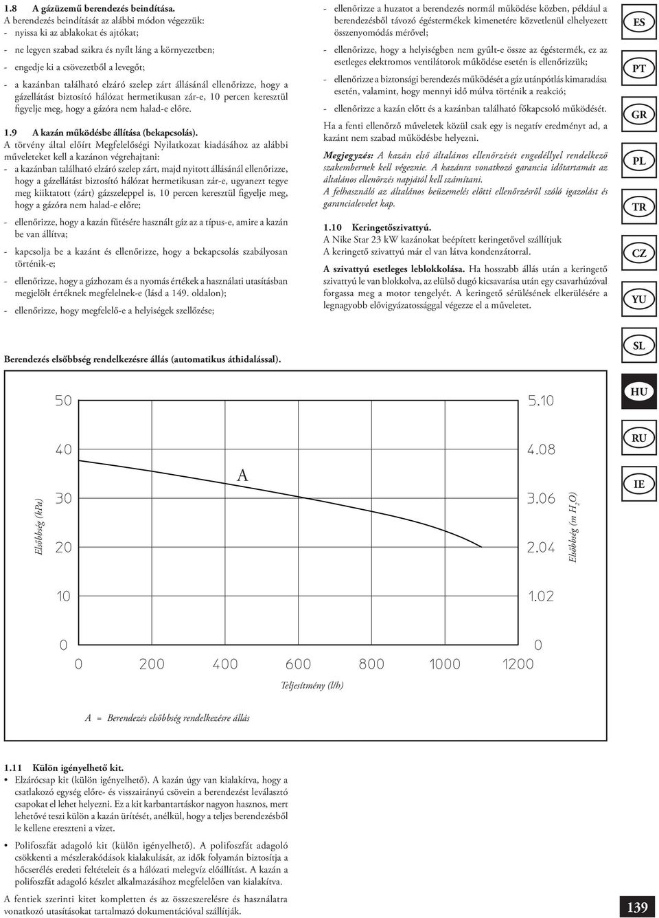 található elzáró szelep zárt állásánál ellenőrizze, hogy a gázellátást biztosító hálózat hermetikusan zár-e, 10 percen keresztül figyelje meg, hogy a gázóra nem halad-e előre. 1.9 A kazán működésbe állítása (bekapcsolás).