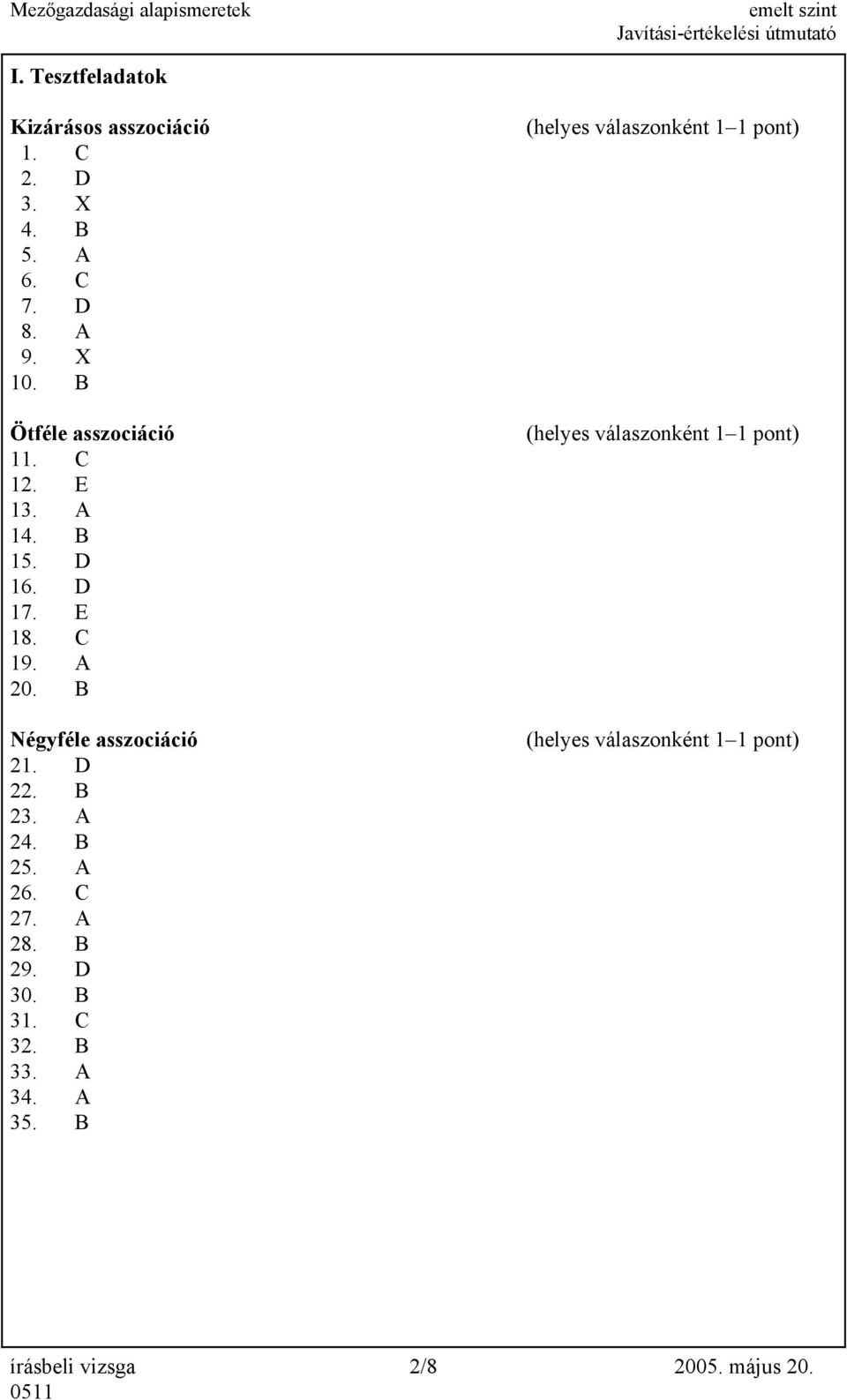 B Négyféle asszociáció 21. D 22. B 23. A 24. B 25. A 26. C 27. A 28. B 29. D 30. B 31. C 32. B 33.