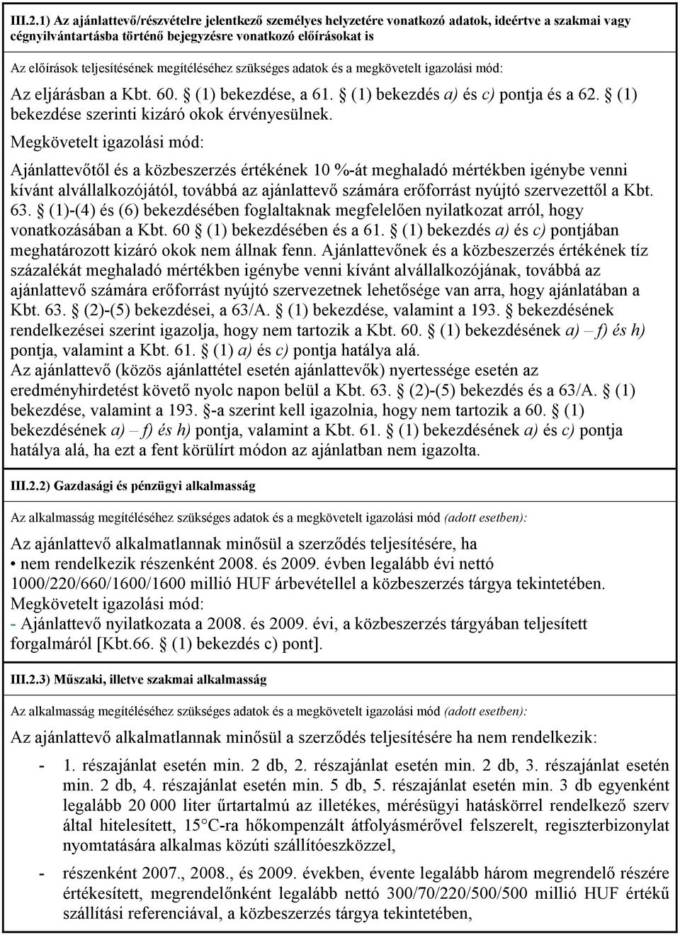 megítéléséhez szükséges adatok és a megkövetelt igazolási mód: Az eljárásban a Kbt. 60. (1) bekezdése, a 61. (1) bekezdés a) és c) pontja és a 62. (1) bekezdése szerinti kizáró okok érvényesülnek.