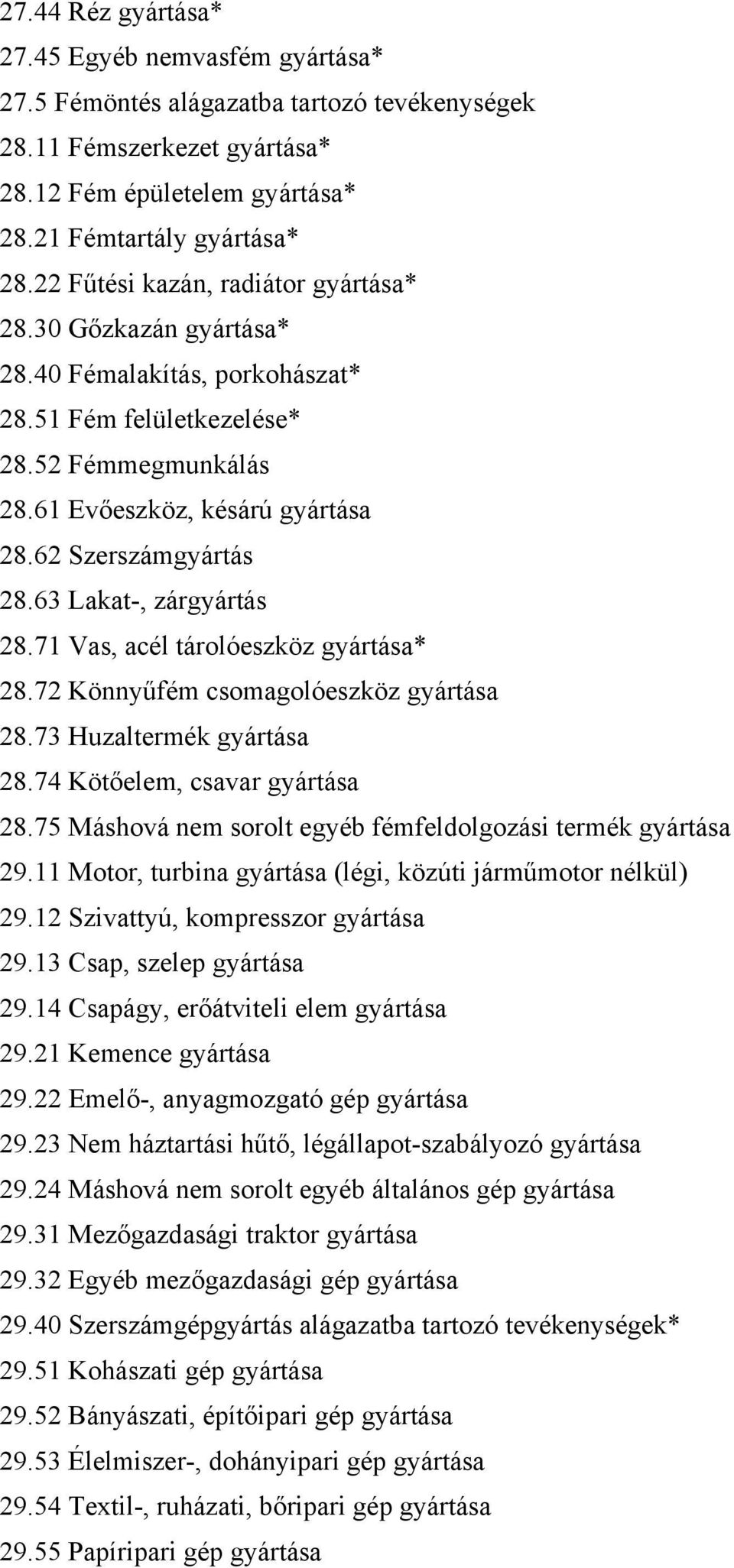 63 Lakat-, zárgyártás 28.71 Vas, acél tárolóeszköz gyártása* 28.72 Könnyűfém csomagolóeszköz gyártása 28.73 Huzaltermék gyártása 28.74 Kötőelem, csavar gyártása 28.