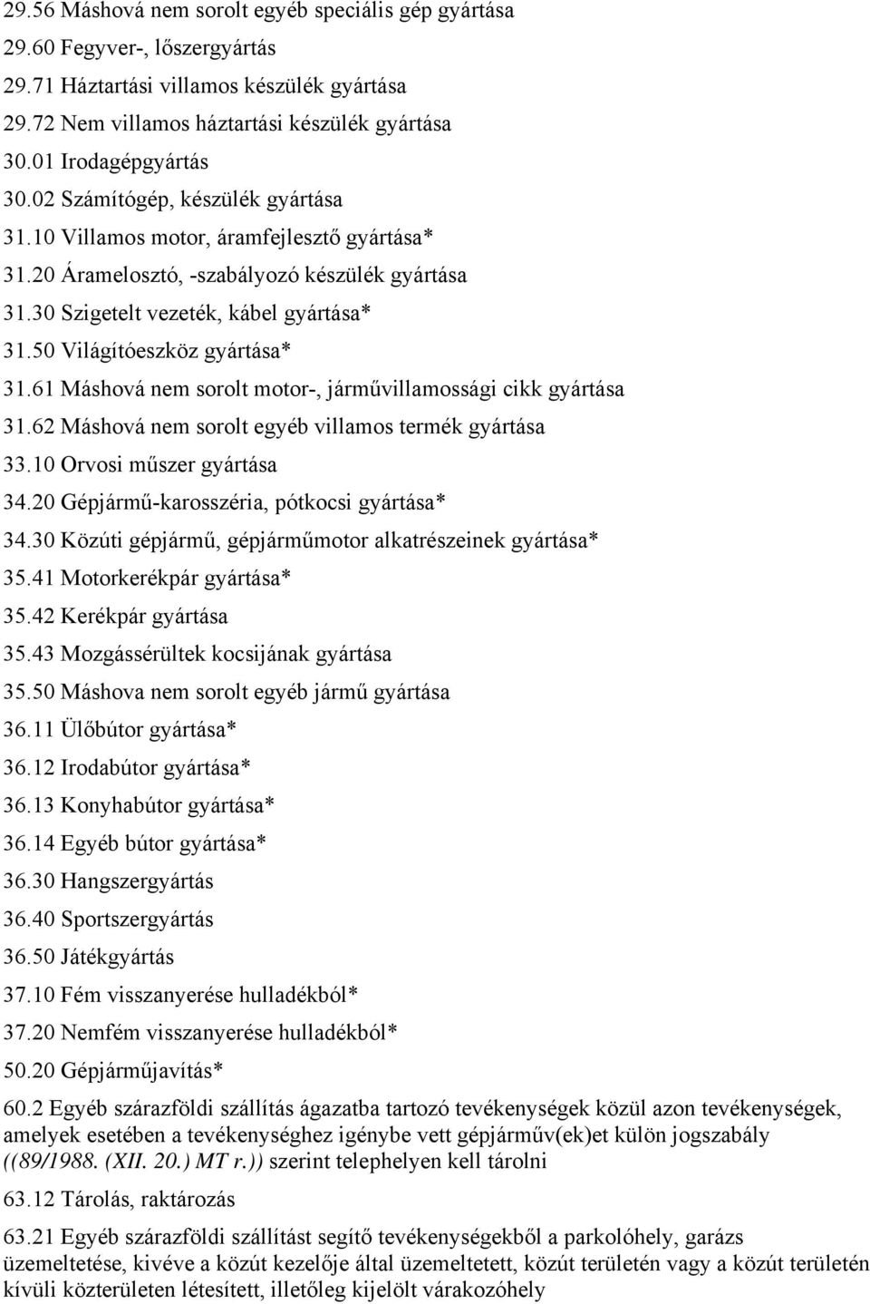 50 Világítóeszköz gyártása* 31.61 Máshová nem sorolt motor-, járművillamossági cikk gyártása 31.62 Máshová nem sorolt egyéb villamos termék gyártása 33.10 Orvosi műszer gyártása 34.