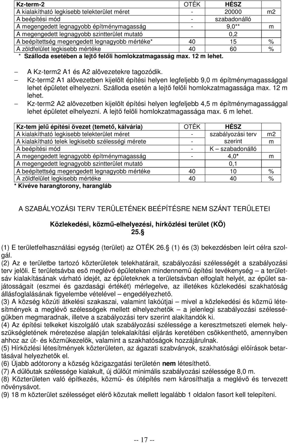 A Kz-term2 A1 és A2 alövezetekre tagozódik. Kz-term2 A1 alövezetben kijelölt építési helyen legfeljebb 9,0 m építménymagassággal lehet épületet elhelyezni.