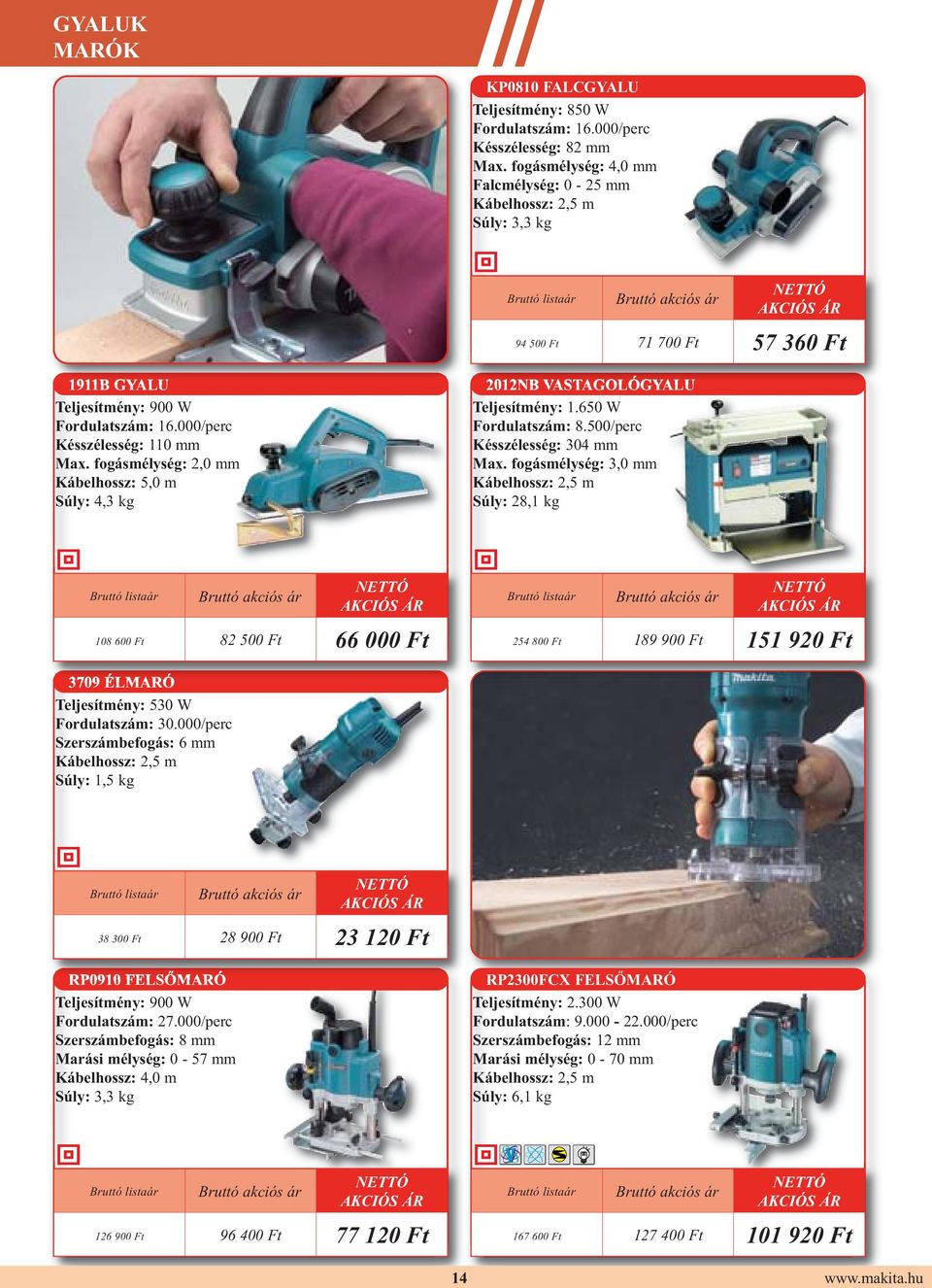 fogásmélység: 2,0 mm Kábelhossz: 5,0 m Súly: 4,3 kg 2012NB VASTAGOLÓGYALU Teljesítmény: 1.650 W Fordulatszám: 8.500/perc Késszélesség: 304 mm Max.