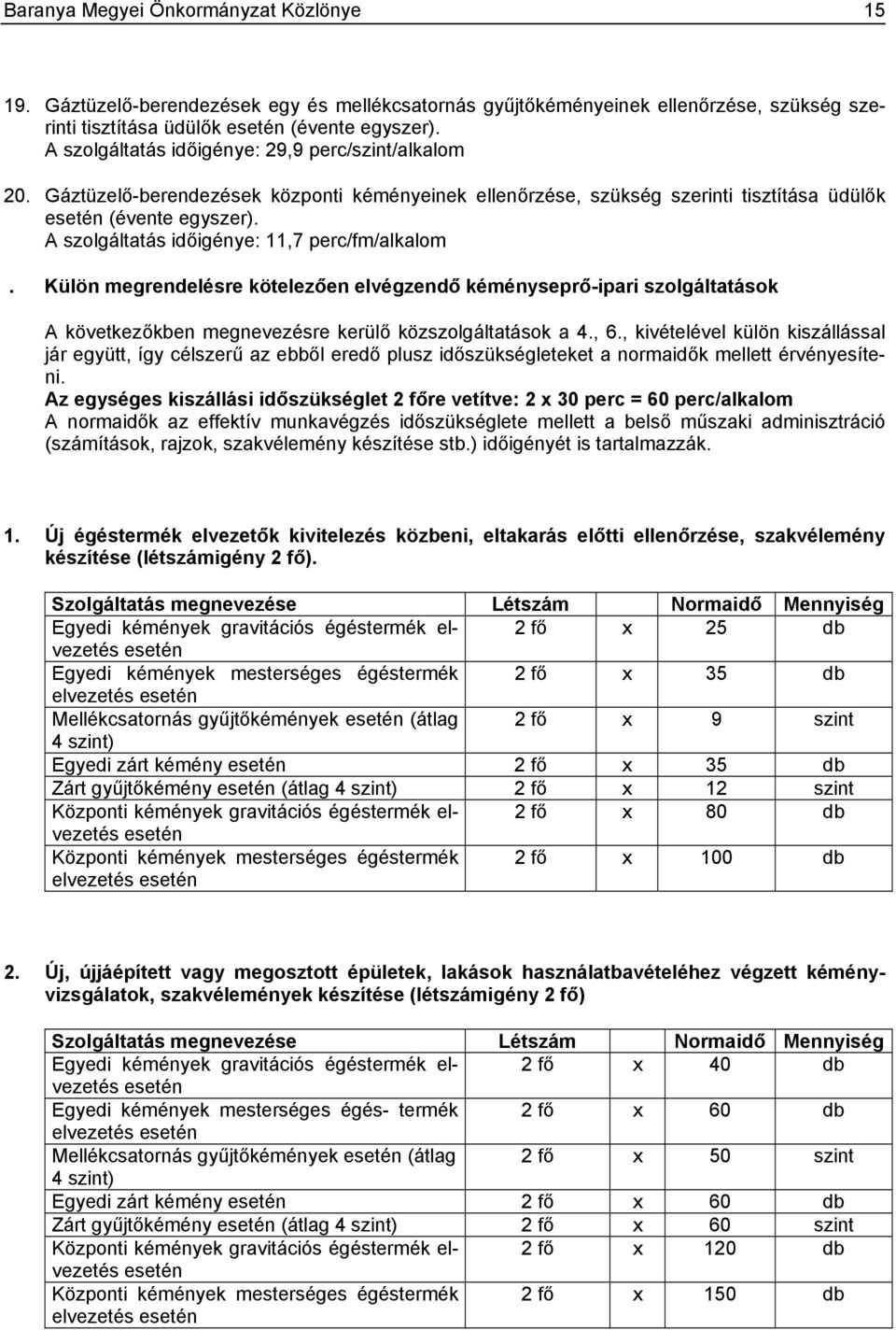 A szolgáltatás időigénye: 11,7 perc/fm/alkalom. Külön megrendelésre kötelezően elvégzendő kéményseprő-ipari szolgáltatások A következőkben megnevezésre kerülő közszolgáltatások a 4., 6.