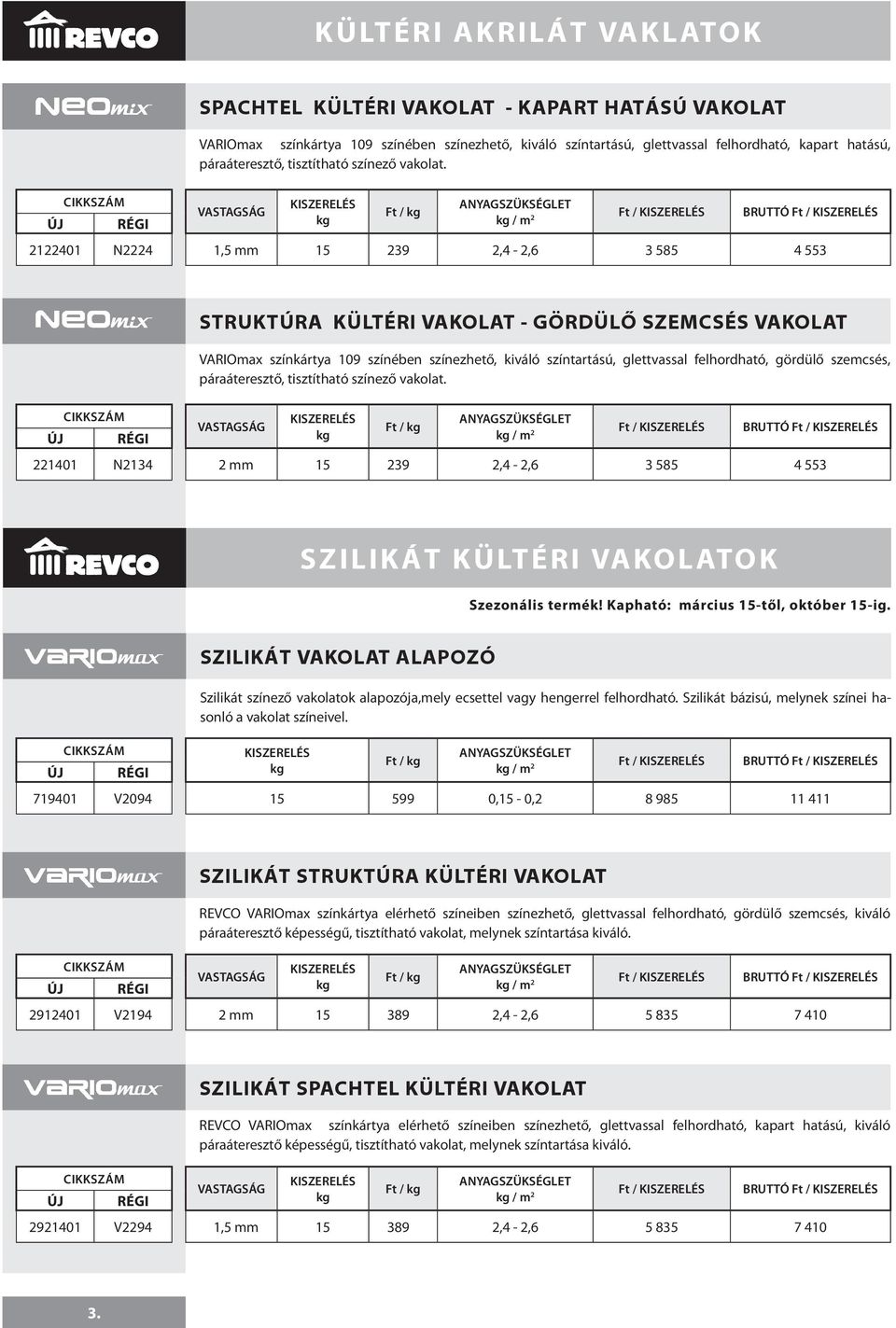 VASTAGSÁG / m 2 Ft / BRUTTÓ Ft / 2122401 N2224 1,5 mm 15 239 2,4-2,6 3 585 4 553 STRUKTÚRA KÜLTÉRI VAKOLAT - GÖRDÜLŐ SZEMCSÉS VAKOLAT VARIOmax színkártya 109 színében színezhető, kiváló színtartású,