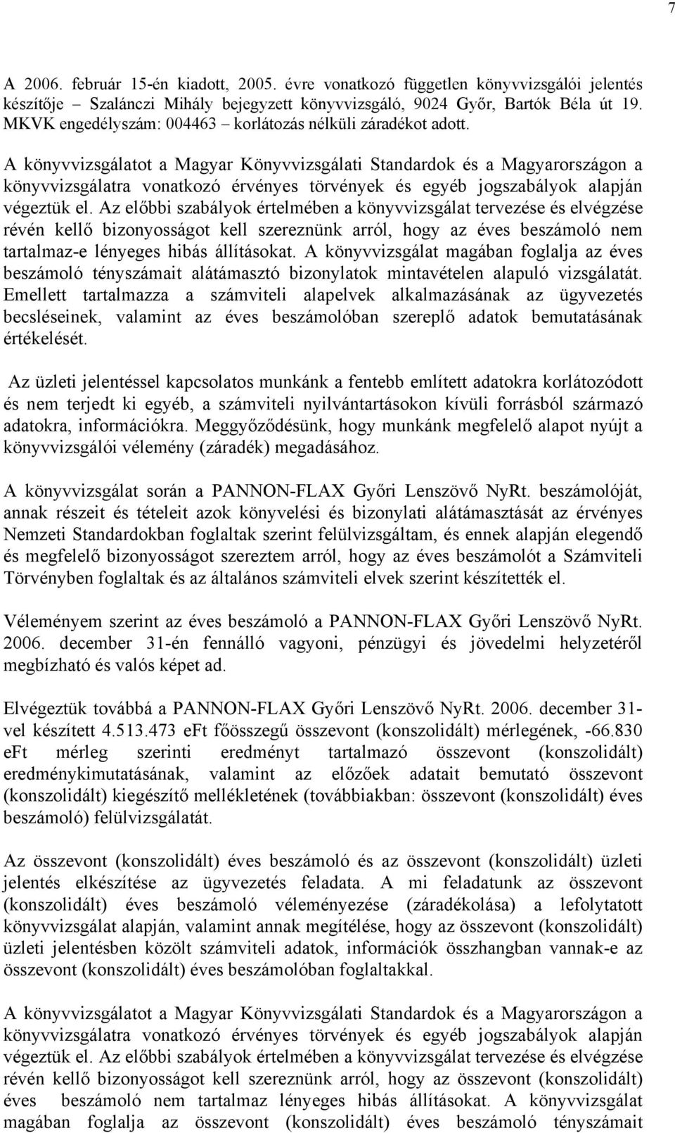 A könyvvizsgálatot a Magyar Könyvvizsgálati Standardok és a Magyarországon a könyvvizsgálatra vonatkozó érvényes törvények és egyéb jogszabályok alapján végeztük el.