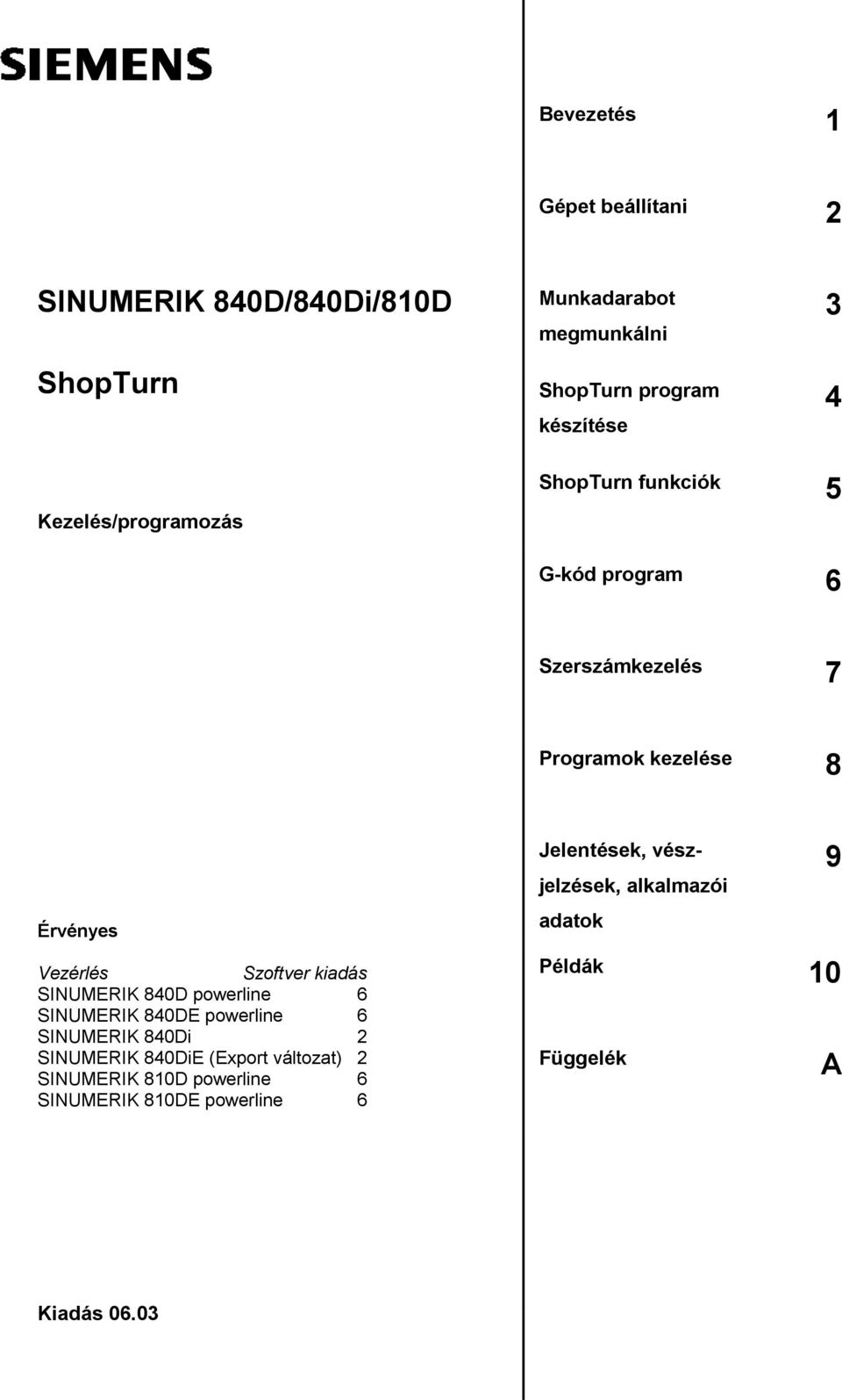 kiadás SINUMERIK 840D powerline 6 SINUMERIK 840DE powerline 6 SINUMERIK 840Di 2 SINUMERIK 840DiE (Export változat) 2