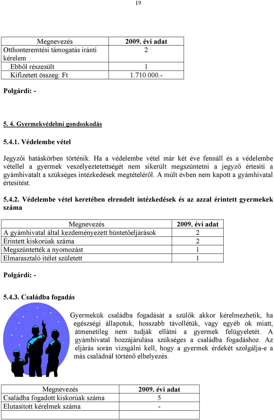 A múlt évben nem kapott a gyámhivatal értesítést. 5.4.2. Védelembe vétel keretében elrendelt intézkedések és az azzal érintett gyermekek száma Megnevezés 2009.