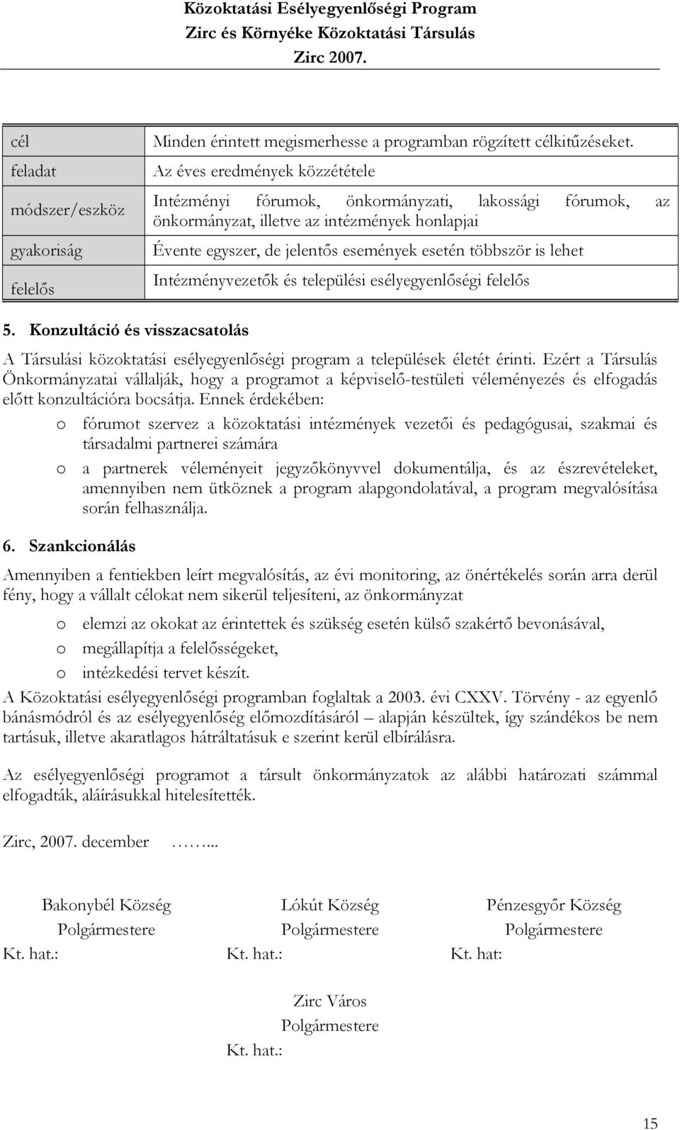 Intézményvezetők és települési esélyegyenlőségi felelős 5. Konzultáció és visszacsatolás A Társulási közoktatási esélyegyenlőségi program a települések életét érinti.