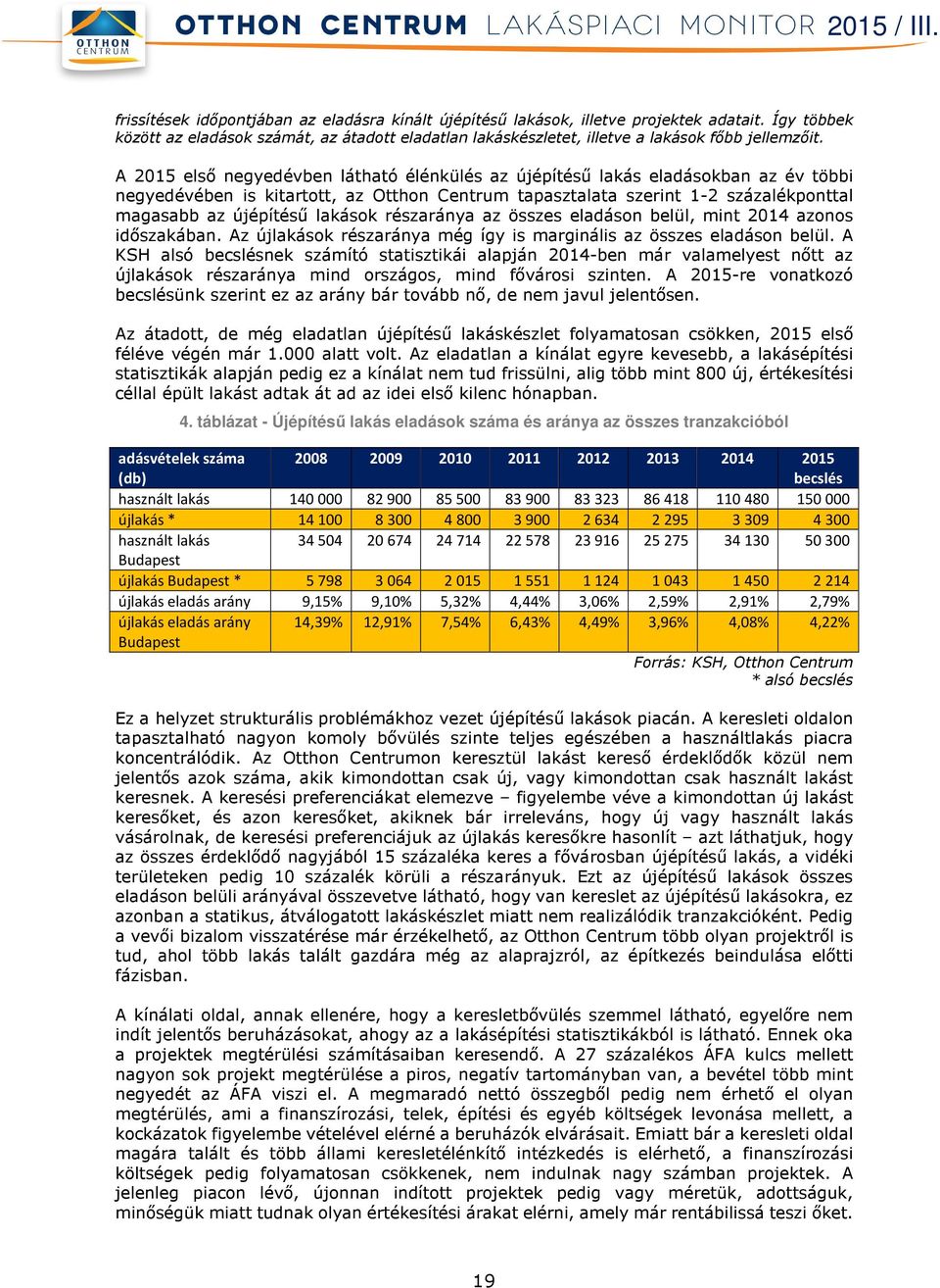 lakások részaránya az összes eladáson belül, mint 2014 azonos időszakában. Az újlakások részaránya még így is marginális az összes eladáson belül.