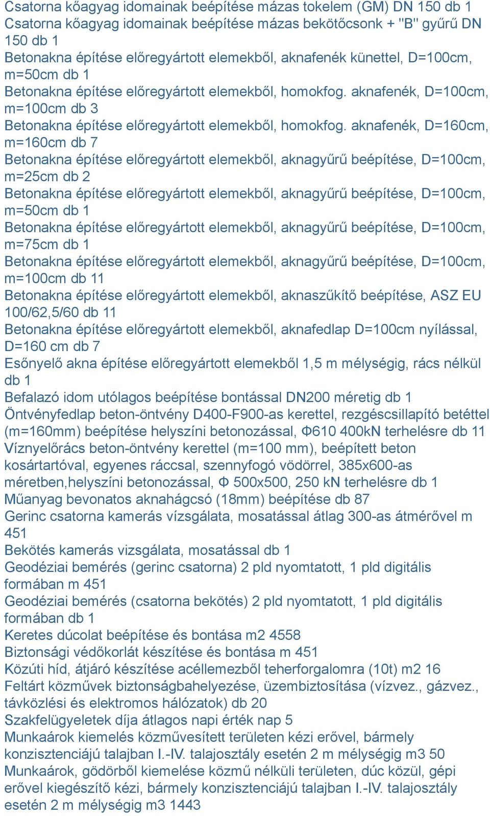 aknafenék, D=160cm, m=160cm db 7 Betonakna építése előregyártott elemekből, aknagyűrű beépítése, D=100cm, m=25cm db 2 Betonakna építése előregyártott elemekből, aknagyűrű beépítése, D=100cm, m=50cm