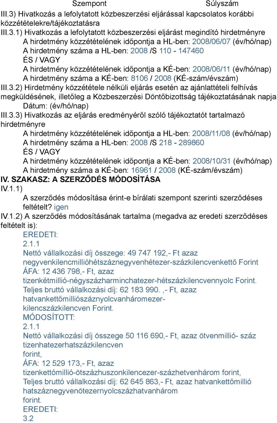 1) Hivatkozás a lefolytatott közbeszerzési eljárást megindító hirdetményre A hirdetmény közzétételének időpontja a HL-ben: 2008/06/07 (év/hó/nap) A hirdetmény száma a HL-ben: 2008 /S 110-147460 ÉS /