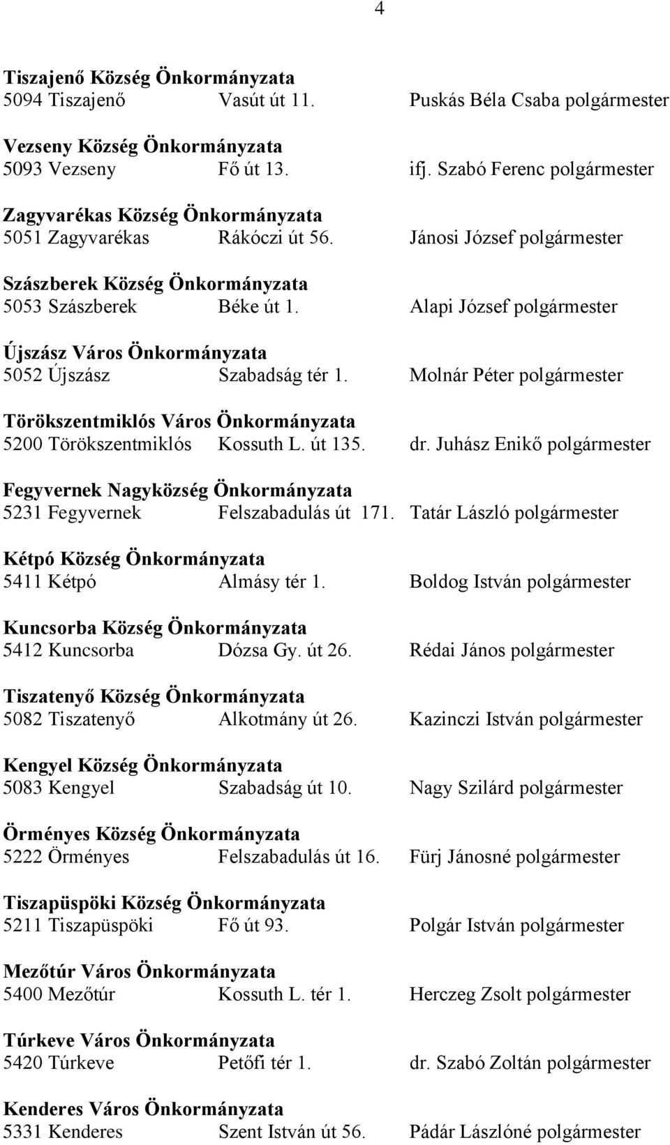 Alapi József polgármester Újszász Város Önkormányzata 5052 Újszász Szabadság tér 1. Molnár Péter polgármester Törökszentmiklós Város Önkormányzata 5200 Törökszentmiklós Kossuth L. út 135. dr.