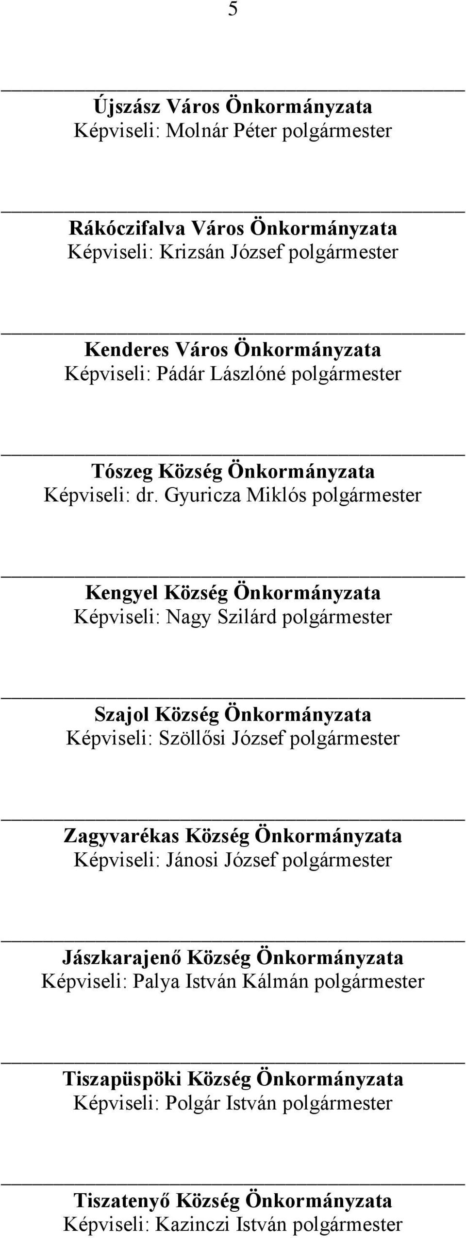 Gyuricza Miklós polgármester Kengyel Község Önkormányzata Képviseli: Nagy Szilárd polgármester Szajol Község Önkormányzata Képviseli: Szöllősi József polgármester Zagyvarékas