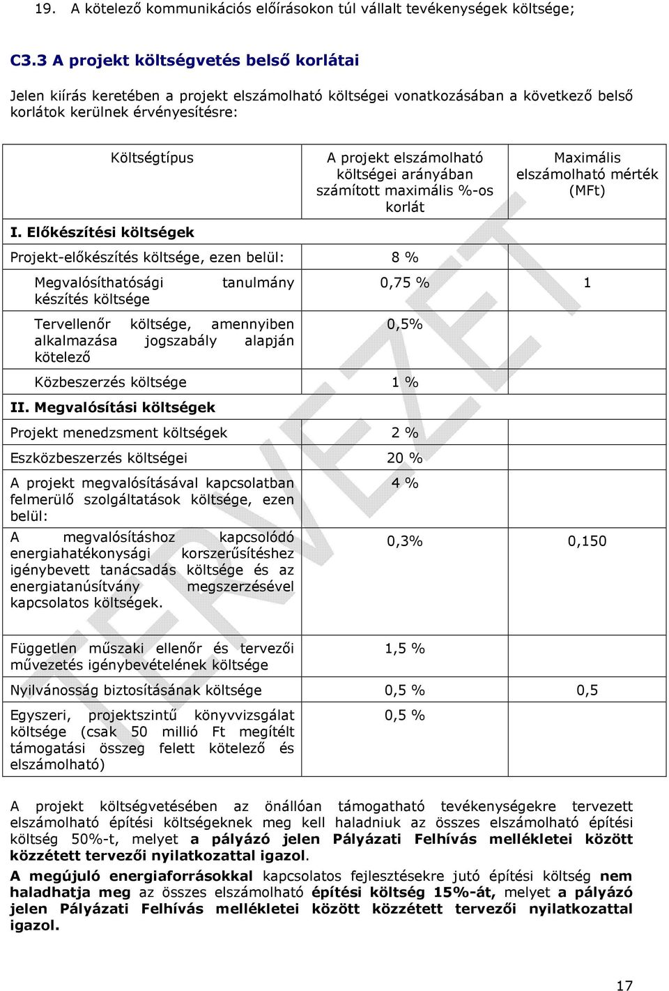 Előkészítési költségek A projekt elszámolható költségei arányában számított maximális %-os korlát Projekt-előkészítés költsége, ezen belül: 8 % Megvalósíthatósági készítés költsége tanulmány