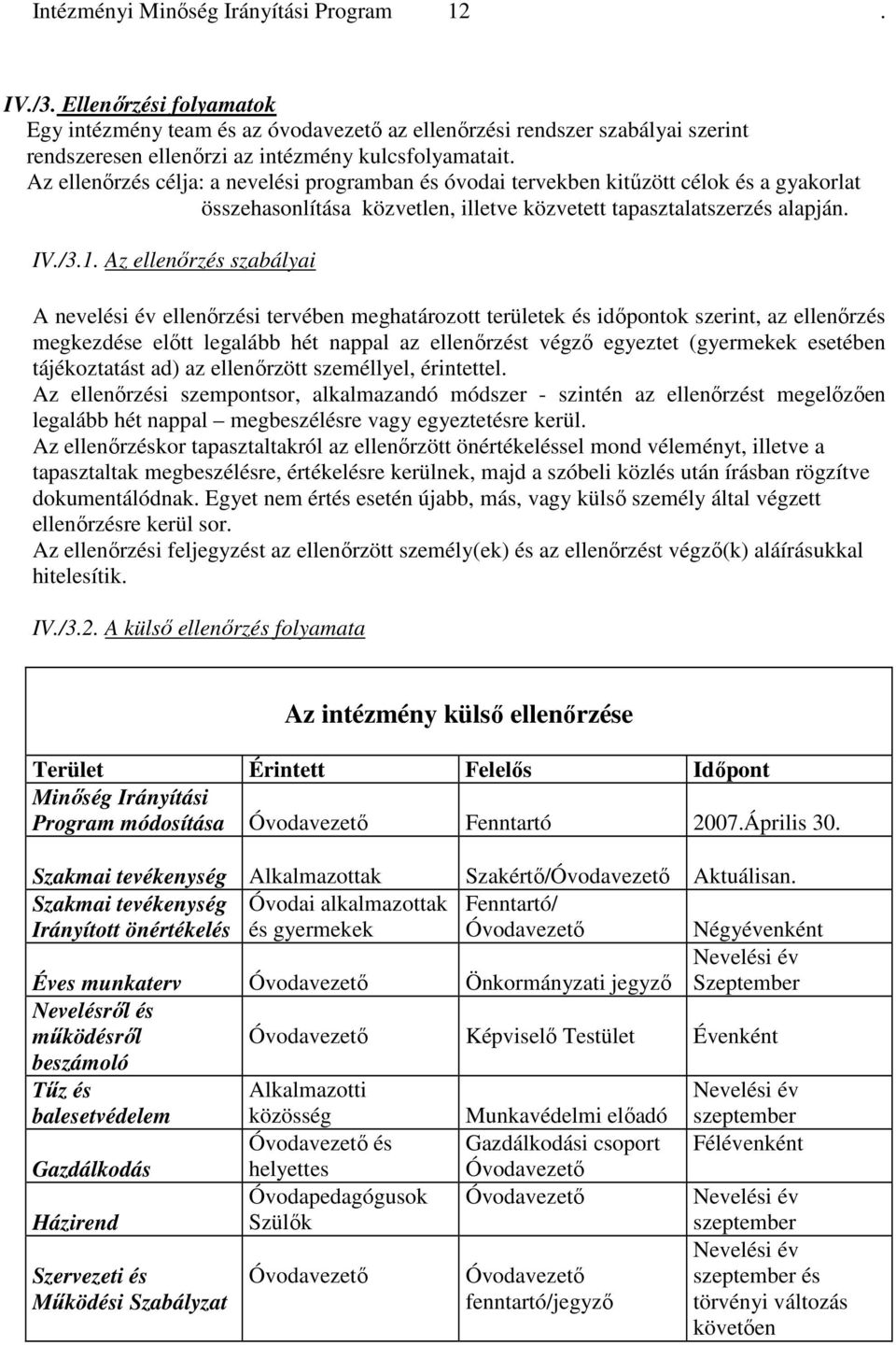 Az ellenırzés célja: a nevelési programban és óvodai tervekben kitőzött célok és a gyakorlat összehasonlítása közvetlen, illetve közvetett tapasztalatszerzés alapján. IV./3.1.