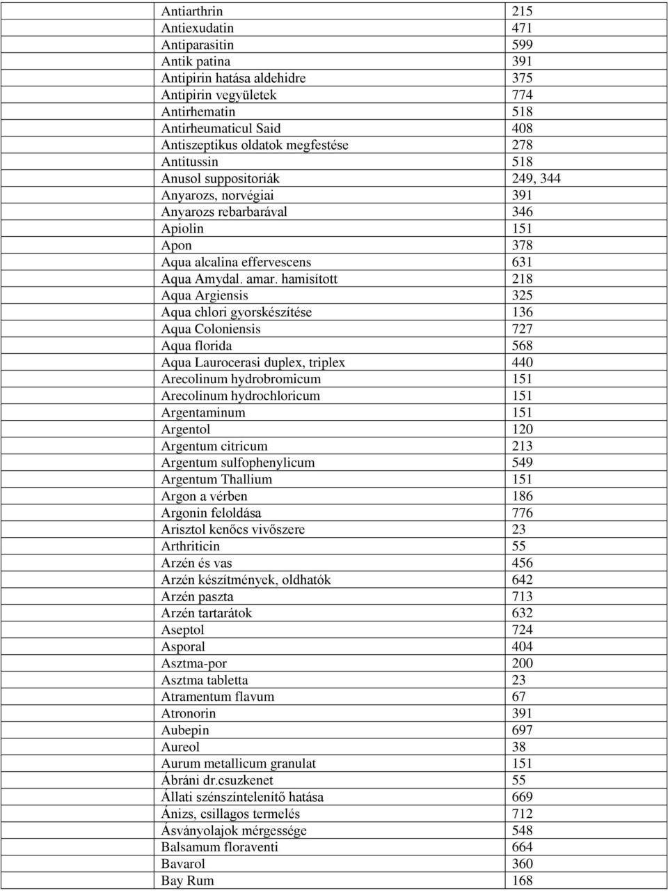 hamisított 218 Aqua Argiensis 325 Aqua chlori gyorskészítése 136 Aqua Coloniensis 727 Aqua florida 568 Aqua Laurocerasi duplex, triplex 440 Arecolinum hydrobromicum 151 Arecolinum hydrochloricum 151