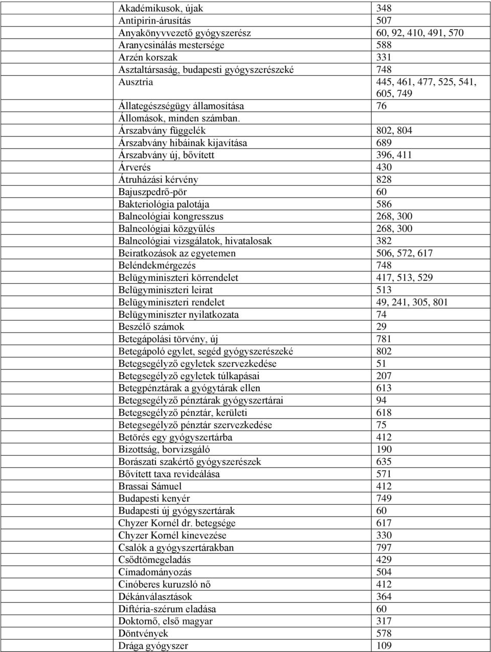 Árszabvány függelék 802, 804 Árszabvány hibáinak kijavítása 689 Árszabvány új, bővített 396, 411 Árverés 430 Átruházási kérvény 828 Bajuszpedrő-pör 60 Bakteriológia palotája 586 Balneológiai