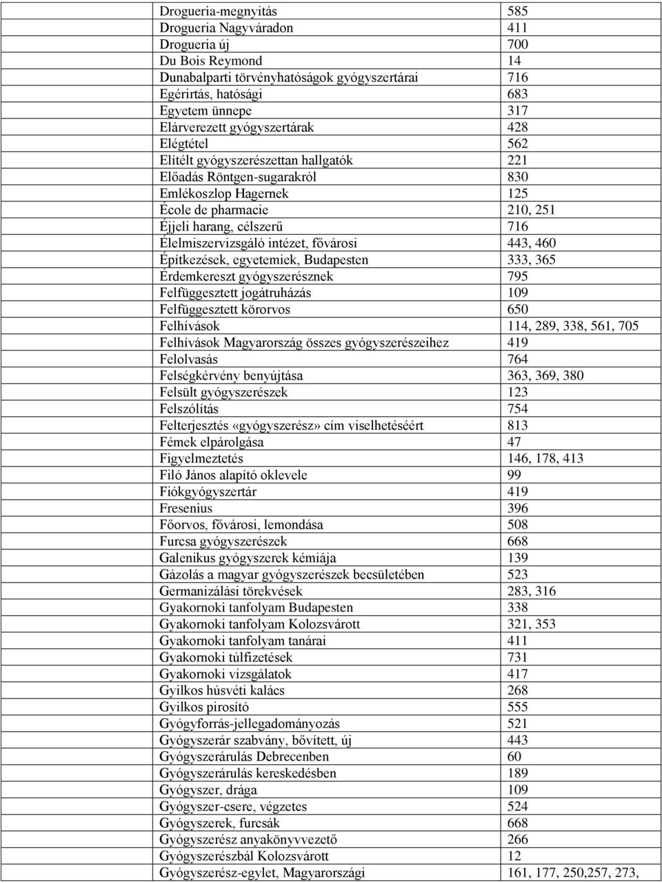 Élelmiszervizsgáló intézet, fővárosi 443, 460 Építkezések, egyetemiek, Budapesten 333, 365 Érdemkereszt gyógyszerésznek 795 Felfüggesztett jogátruházás 109 Felfüggesztett körorvos 650 Felhívások 114,