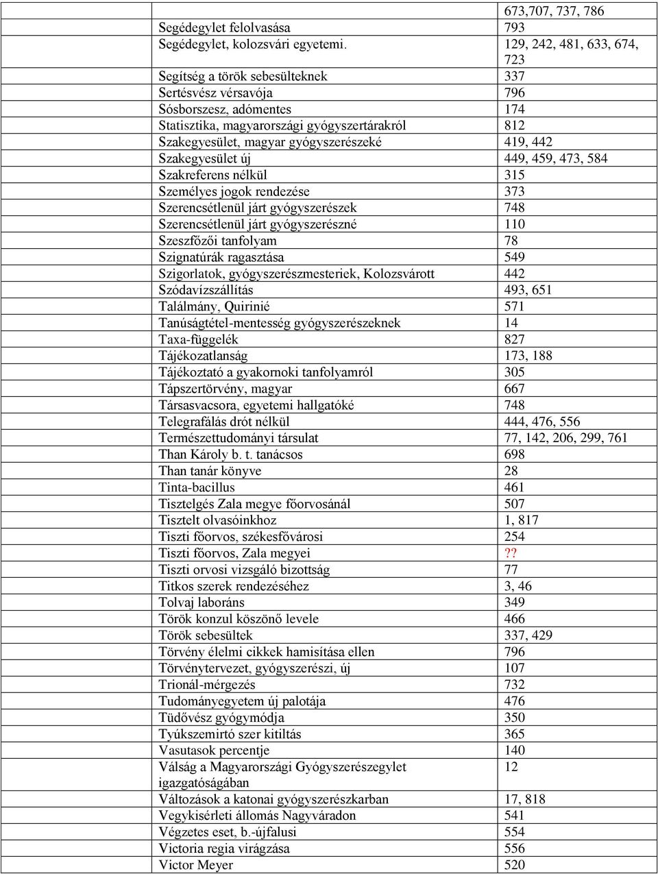 gyógyszerészeké 419, 442 Szakegyesület új 449, 459, 473, 584 Szakreferens nélkül 315 Személyes jogok rendezése 373 Szerencsétlenül járt gyógyszerészek 748 Szerencsétlenül járt gyógyszerészné 110