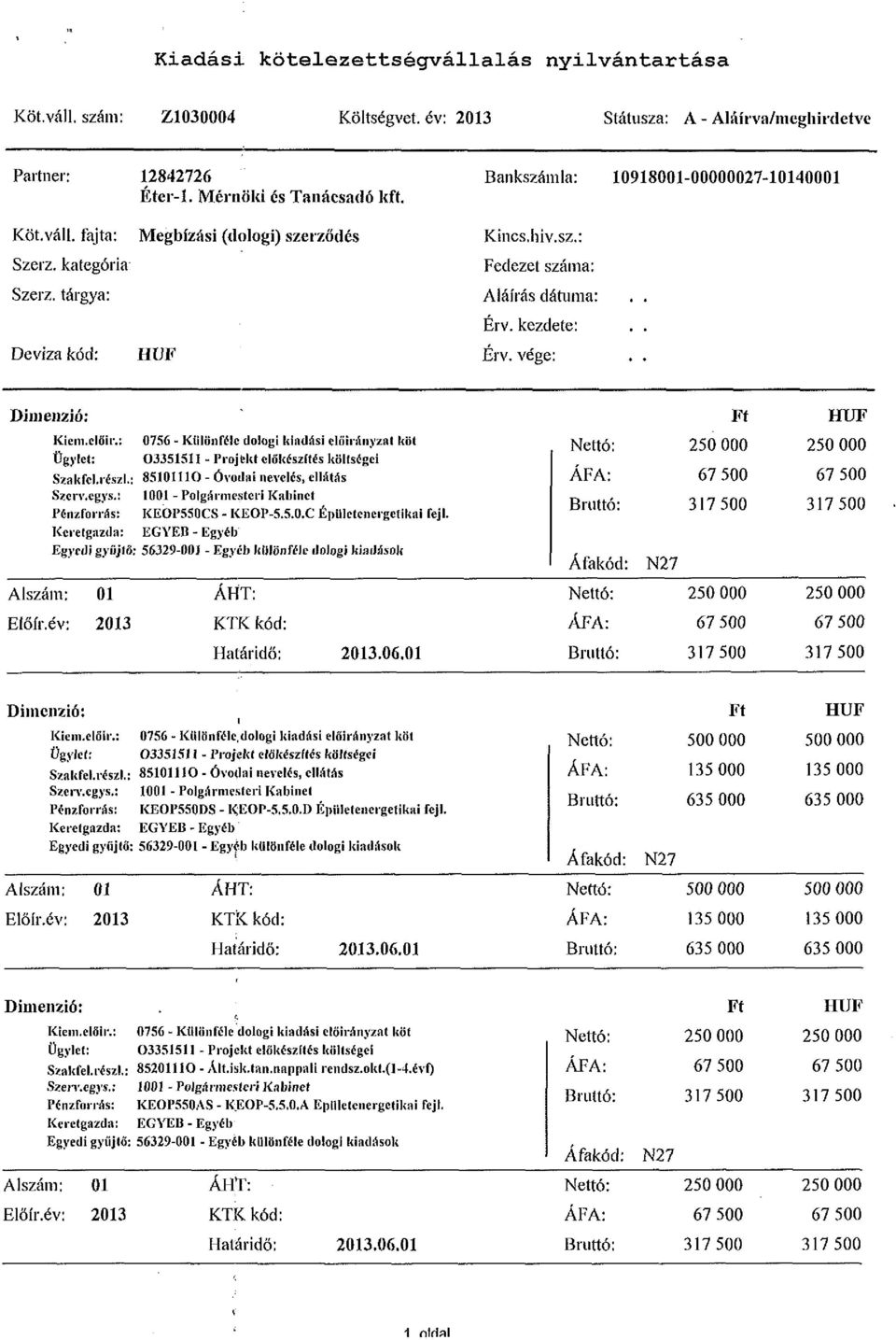 . Kiem.clőir.: 0756 - Különféle dologi kiadási előirányzat köt Ügylet; 03351511 - Projekt előkészítés költségei Szakfcl,részi.: 8510I11O - Óvodai nevelés, ellátás Szcrv.egys.