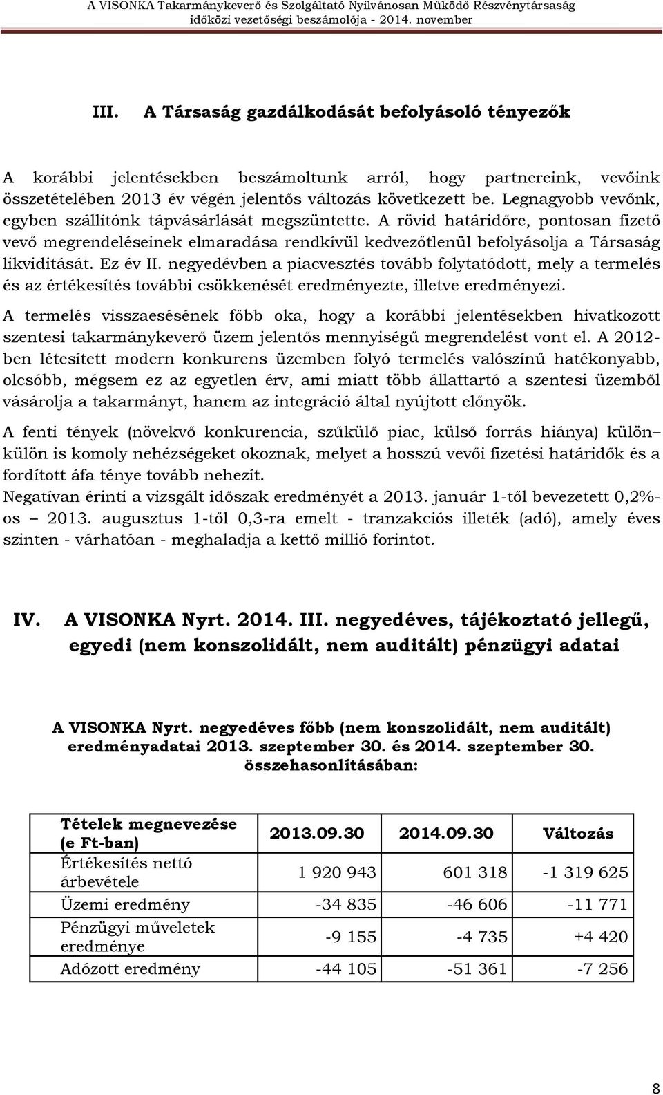 Ez év II. negyedévben a piacvesztés tovább folytatódott, mely a termelés és az értékesítés további csökkenését eredményezte, illetve eredményezi.