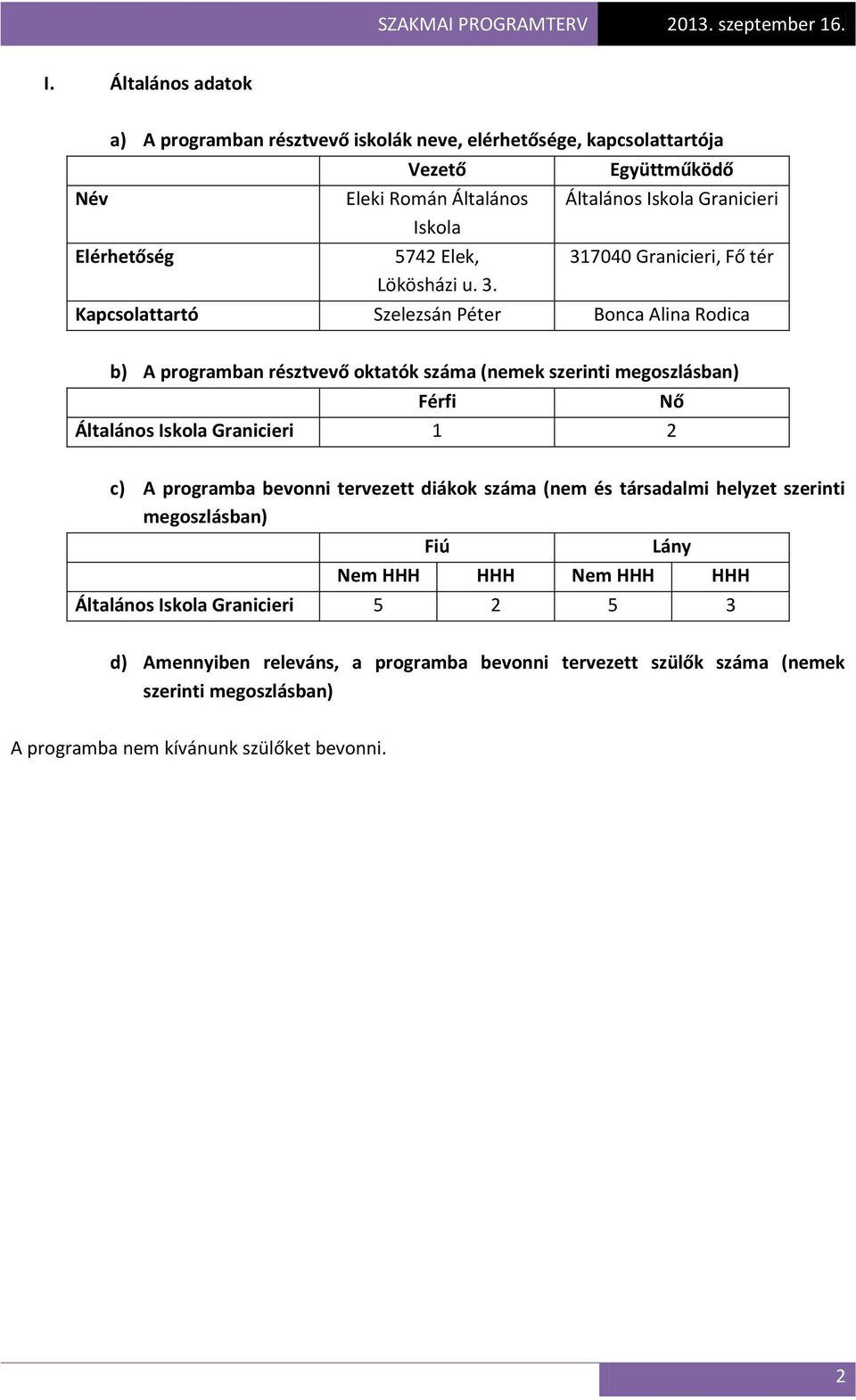 megoszlásban) Férfi Nő Általános Iskola Granicieri 1 2 c) A programba bevonni tervezett diákok száma (nem és társadalmi helyzet szerinti megoszlásban) Fiú Lány Nem HHH HHH Nem