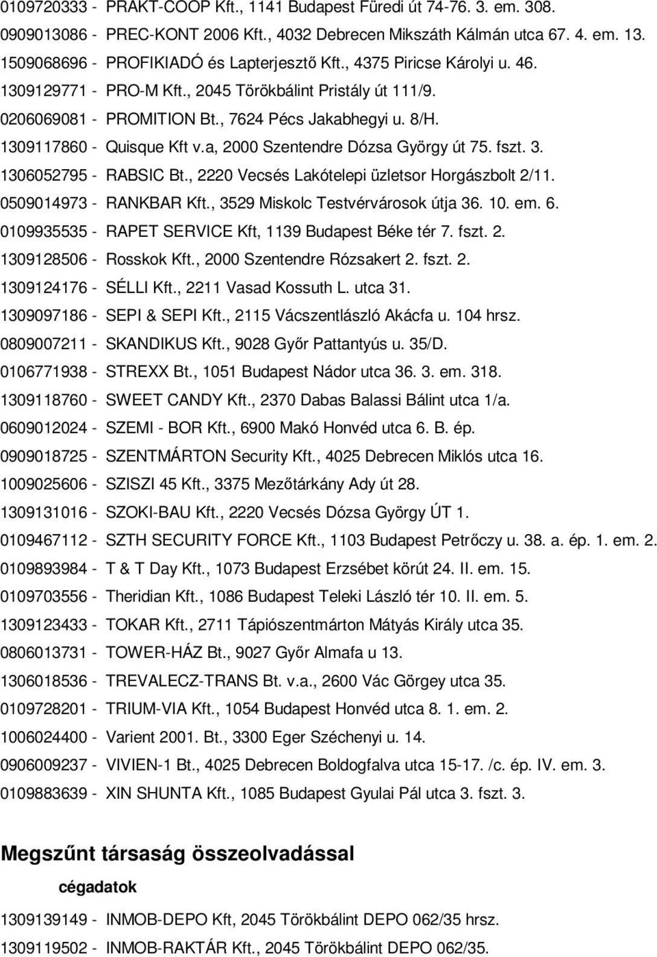 1309117860 - Quisque Kft v.a, 2000 Szentendre Dózsa György út 75. fszt. 3. 1306052795 - RABSIC Bt., 2220 Vecsés Lakótelepi üzletsor Horgászbolt 2/11. 0509014973 - RANKBAR Kft.