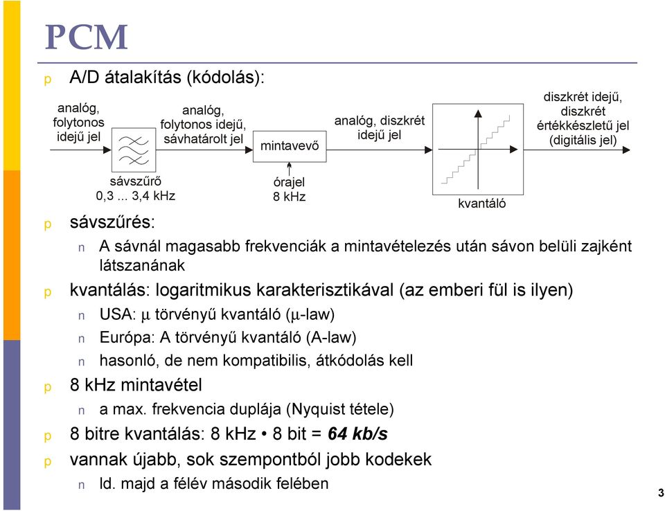.. 3,4 khz sávszűrés: A sávnál magasabb frekvenciák a mintavételezés után sávon belüli zajként látszanának kvantálás: logaritmikus karakterisztikával (az emberi fül is