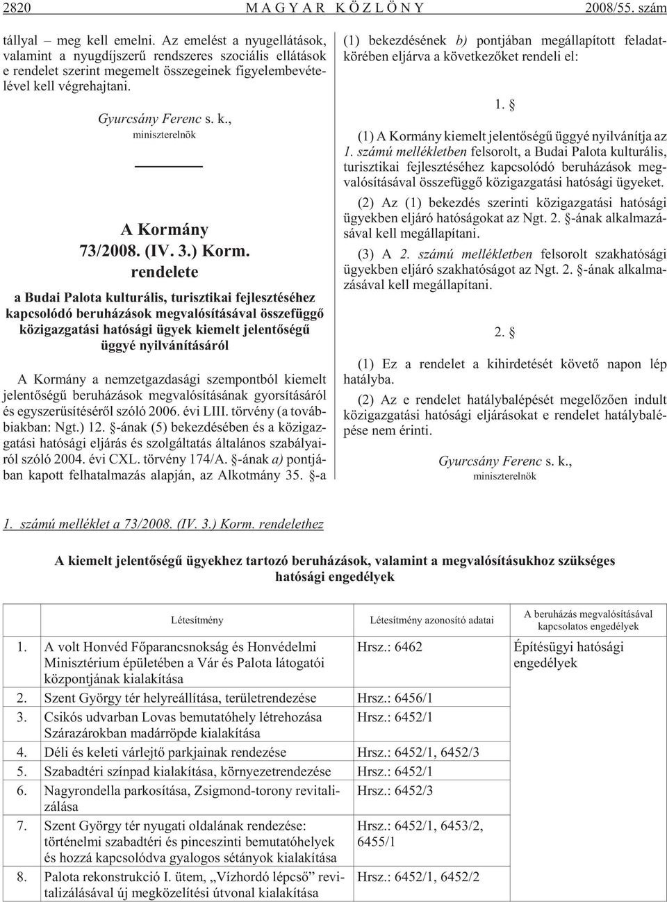 Gyur csány Fe renc s. k., mi nisz ter el nök A Kormány 73/2008. (IV. 3.) Korm.