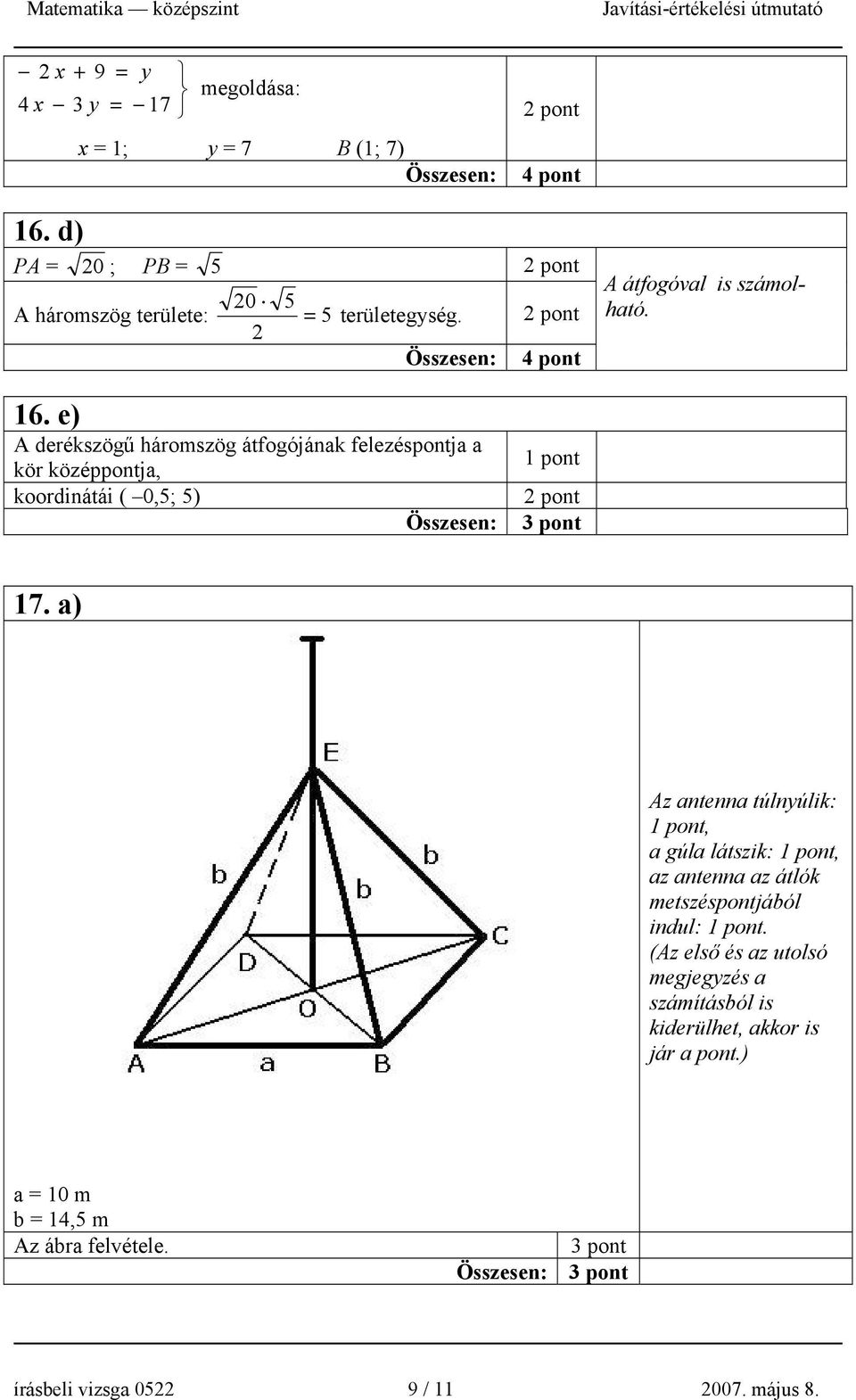 e) A derékszögű háromszög átfogójának felezéspontja a kör középpontja, koordinátái ( 0,5; 5) 7.