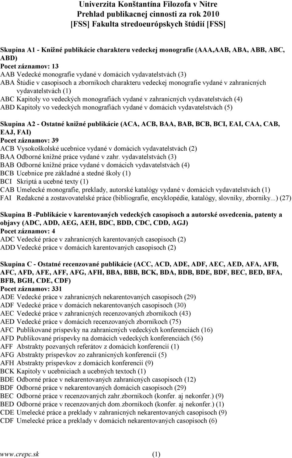 vydavatelstvách (1) ABC Kapitoly vo vedeckých monografiách vydané v zahranicných vydavatelstvách (4) ABD Kapitoly vo vedeckých monografiách vydané v domácich vydavatelstvách (5) Skupina A2 - Ostatné