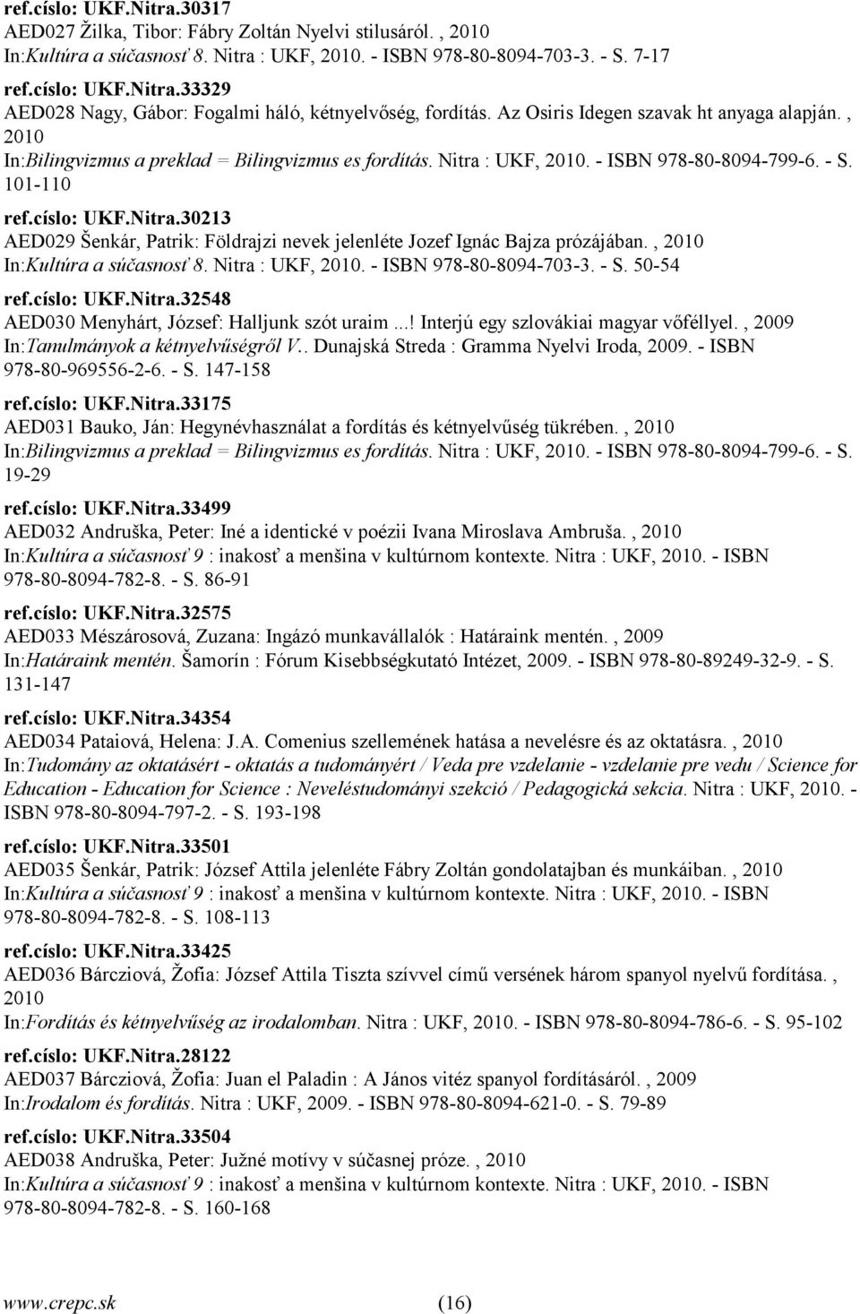 , 2010 In:Kultúra a súčasnosť 8. Nitra : UKF, 2010. - ISBN 978-80-8094-703-3. - S. 50-54 ref.císlo: UKF.Nitra.32548 AED030 Menyhárt, József: Halljunk szót uraim.