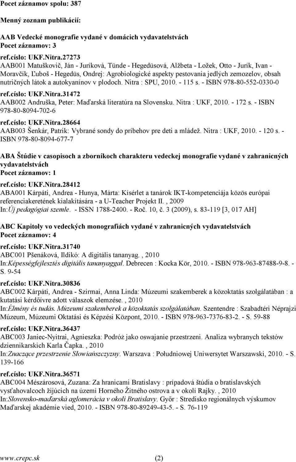 nutričných látok a autokyanínov v plodoch. Nitra : SPU, 2010. - 115 s. - ISBN 978-80-552-0330-0 ref.císlo: UKF.Nitra.31472 AAB002 Andruška, Peter: Maďarská literatúra na Slovensku. Nitra : UKF, 2010.
