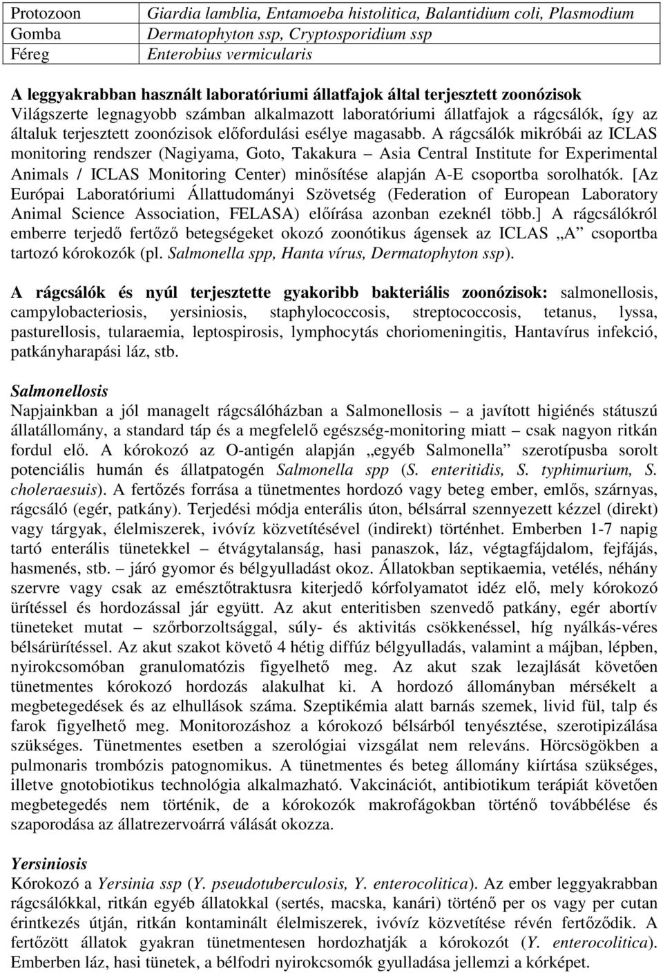 A rágcsálók mikróbái az ICLAS monitoring rendszer (Nagiyama, Goto, Takakura Asia Central Institute for Experimental Animals / ICLAS Monitoring Center) minősítése alapján A-E csoportba sorolhatók.