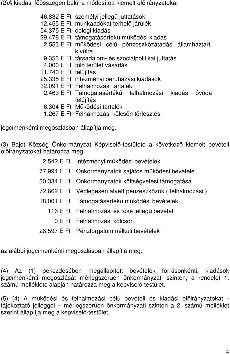 740 E Ft felújítás 25.335 E Ft intézményi beruházási kiadások 32.091 E Ft Felhalmozási tartalék 2.463 E Ft Támogatásértékű felhalmozási kiadás óvoda felújítás 6.304 E Ft Működési tartalék 1.