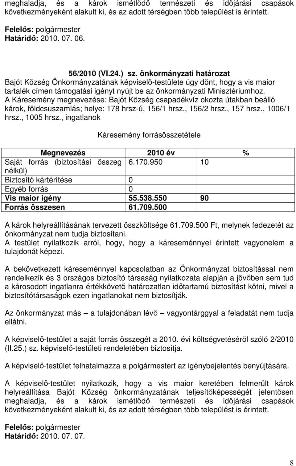 A Káresemény megnevezése: Bajót Község csapadékvíz okozta útakban beálló károk, földcsuszamlás; helye: 178 hrsz-ú, 156/1 hrsz., 156/2 hrsz., 157 hrsz., 1006/1 hrsz., 1005 hrsz.