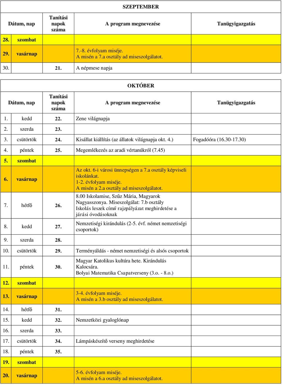 6-i városi ünnepségen a 7.a osztály képviseli iskolánkat. 1-2. évfolyam miséje. A misén a 2.a osztály ad miseszolgálatot. 8.00 Iskolamise, Szűz Mária, Magyarok Nagyasszonya. Miseszolgálat: 7.