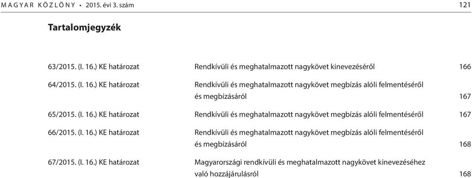 64/2015. (I. 16.) KE határozat Rendkívüli és meghatalmazott nagykövet megbízás alóli felmentéséről és megbízásáról 167 65/2015. (I. 16.) KE határozat Rendkívüli és meghatalmazott nagykövet megbízás alóli felmentéséről 167 66/2015.